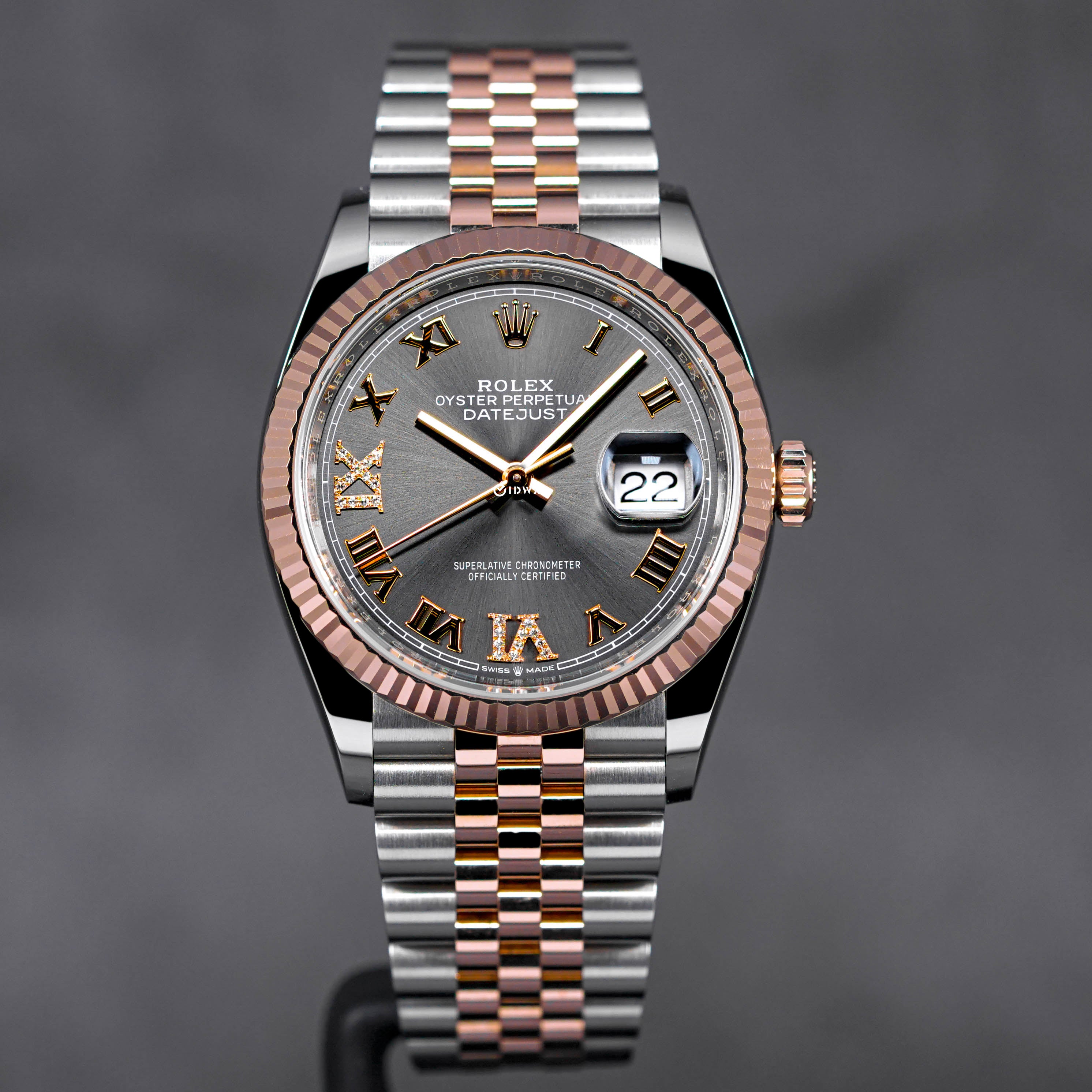 DATEJUST 36MM TWOTONE ROSEGOLD RHODIUM ROMAN DIAL DIAMOND ON 6 9 (2019)