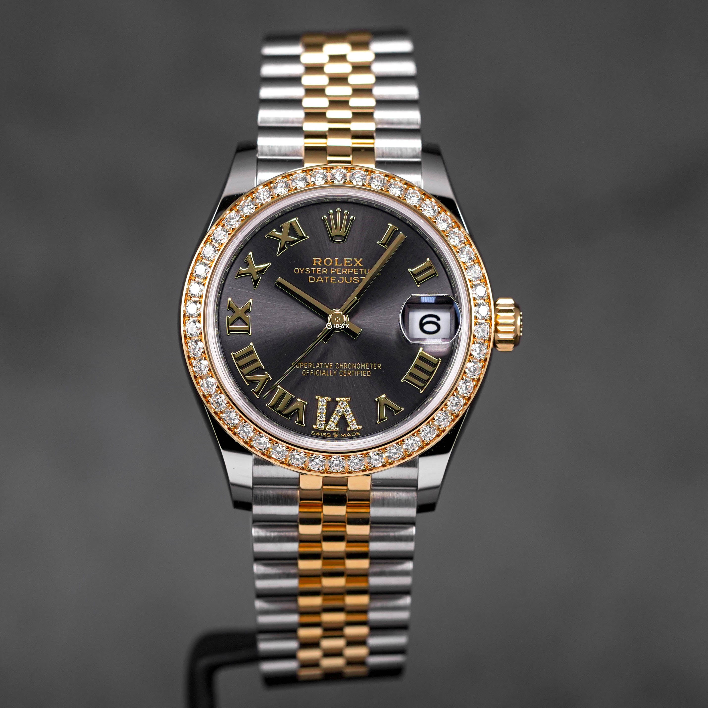 ROLEX DATEJUST 31MM TWOTONE YELLOWGOLD DIAMOND RING RHODIUM ROMAN