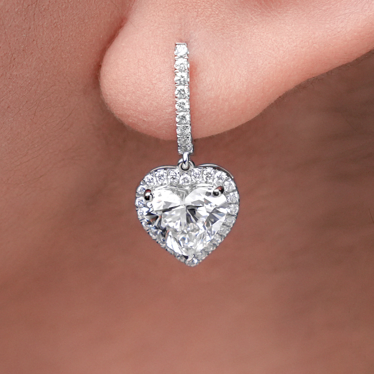 DROP WHITEGOLD HALO EARRINGS TOTAL 4CT HEART CUT LAB DIAMOND