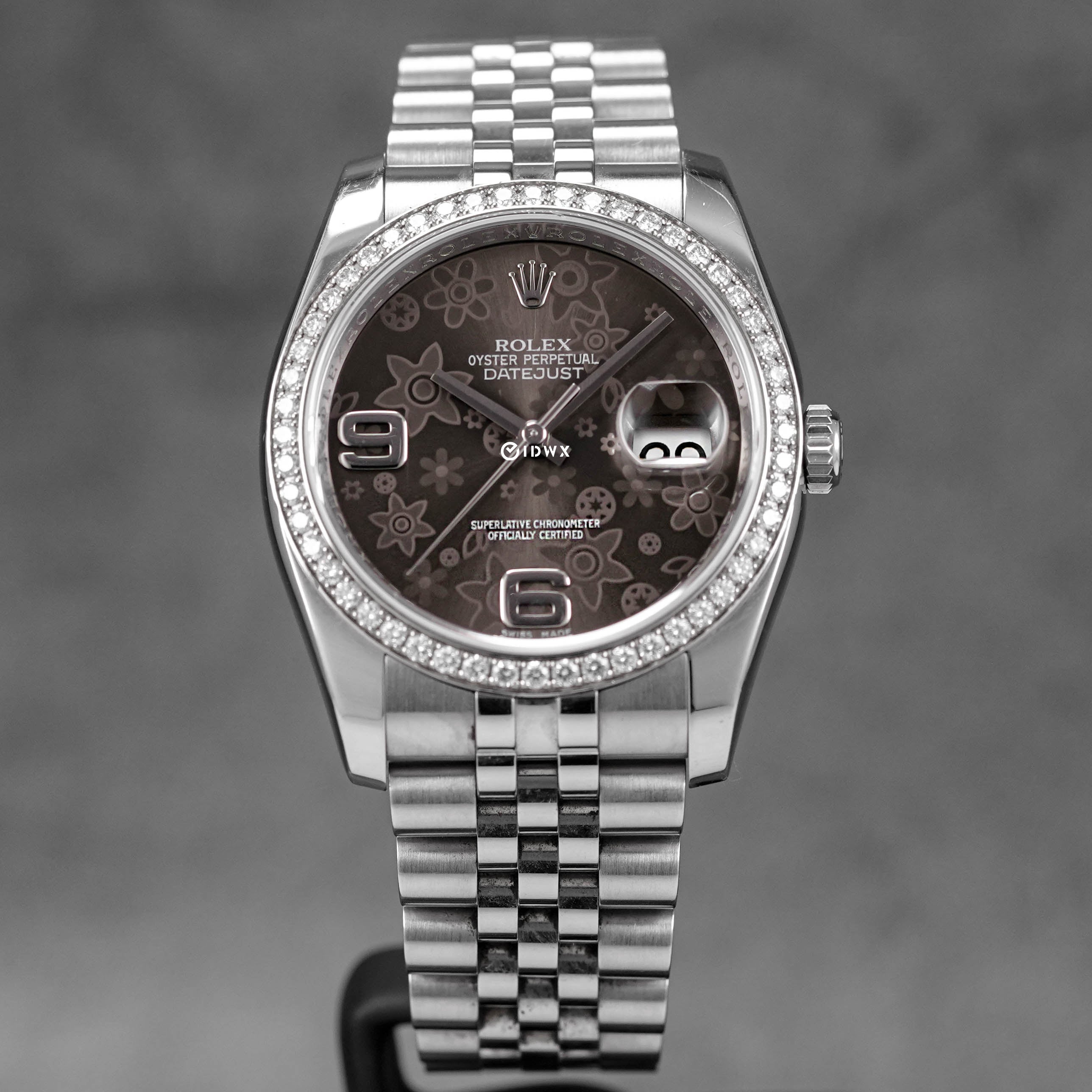 ROLEX DATEJUST 36MM DARK GREY FLORAL DIAL DIAMOND BEZEL (2010) IDWX