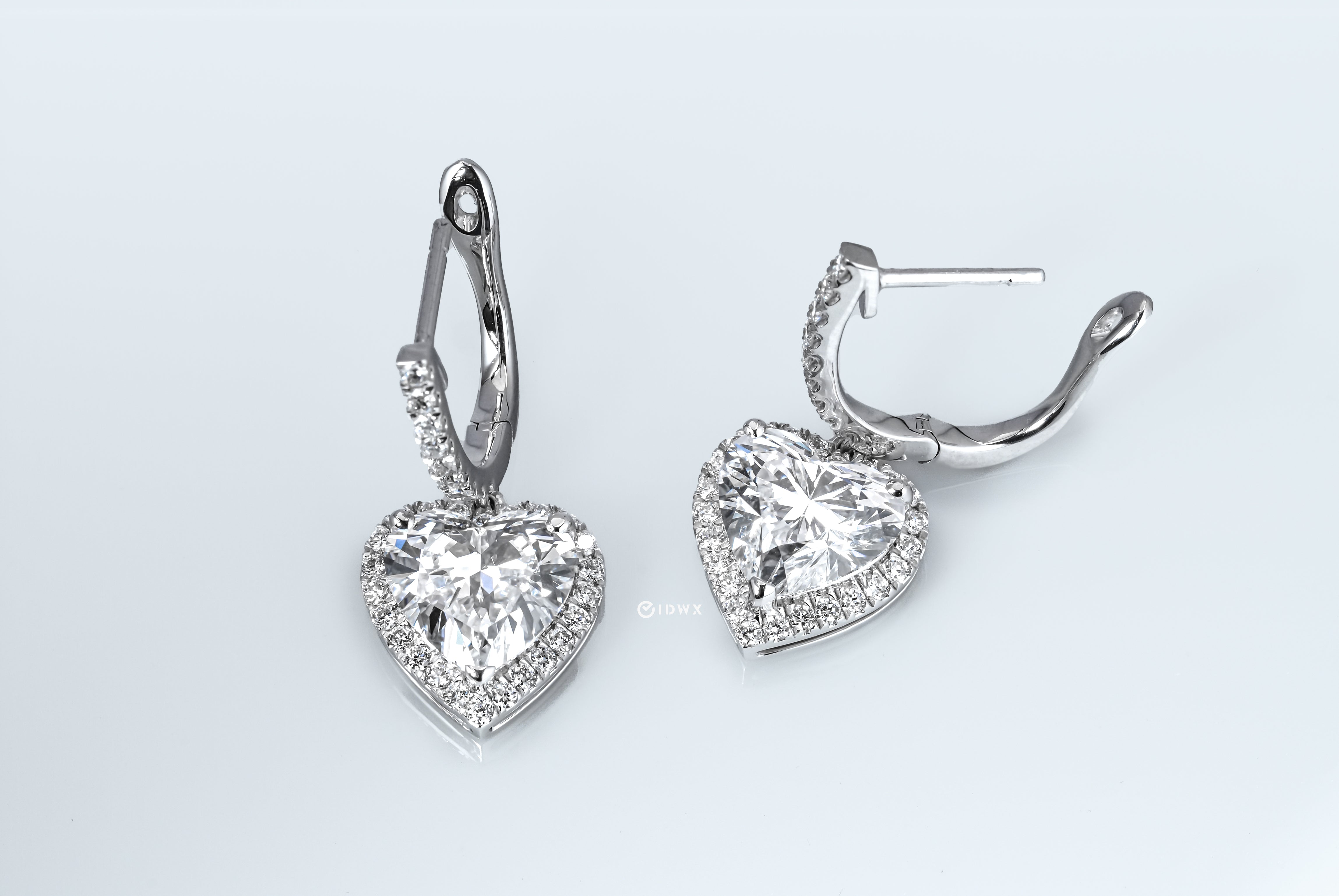 WHITEGOLD HALO DROP EARRINGS 2CT EACH HEART CUT LAB DIAMOND