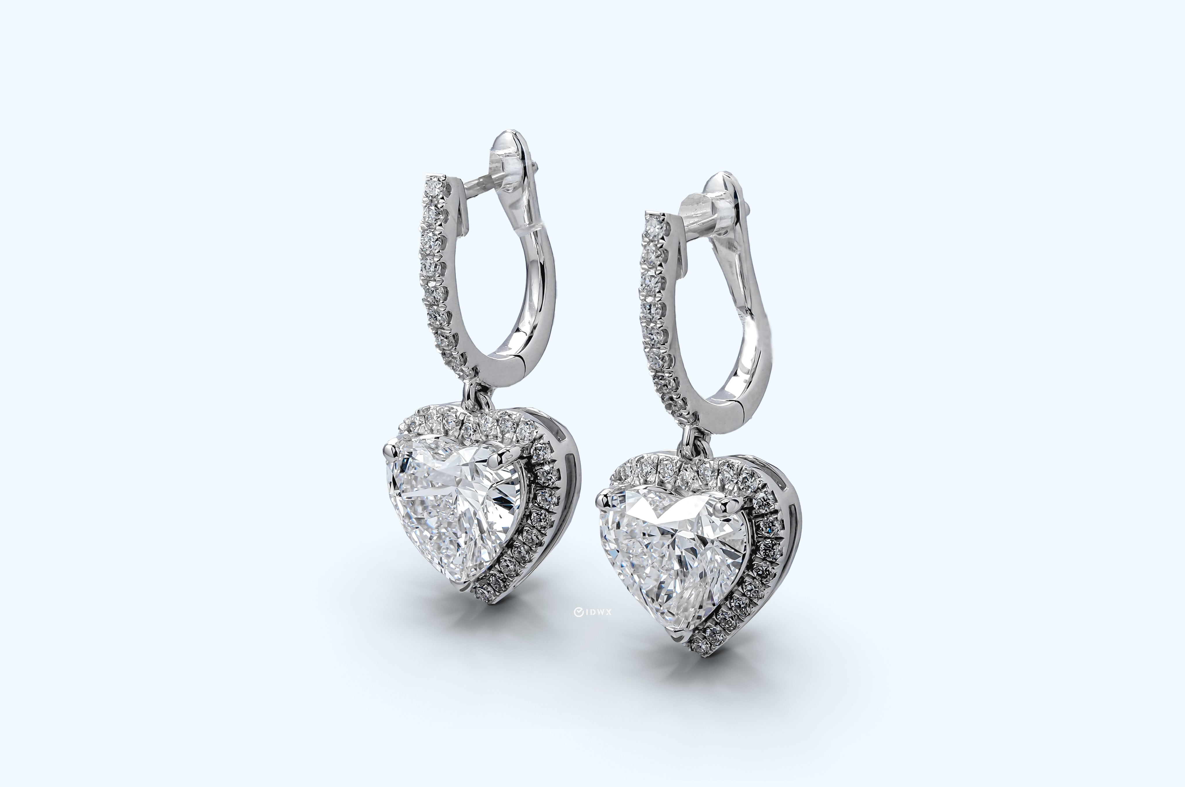 WHITEGOLD HALO DROP EARRINGS 2CT EACH HEART CUT LAB DIAMOND