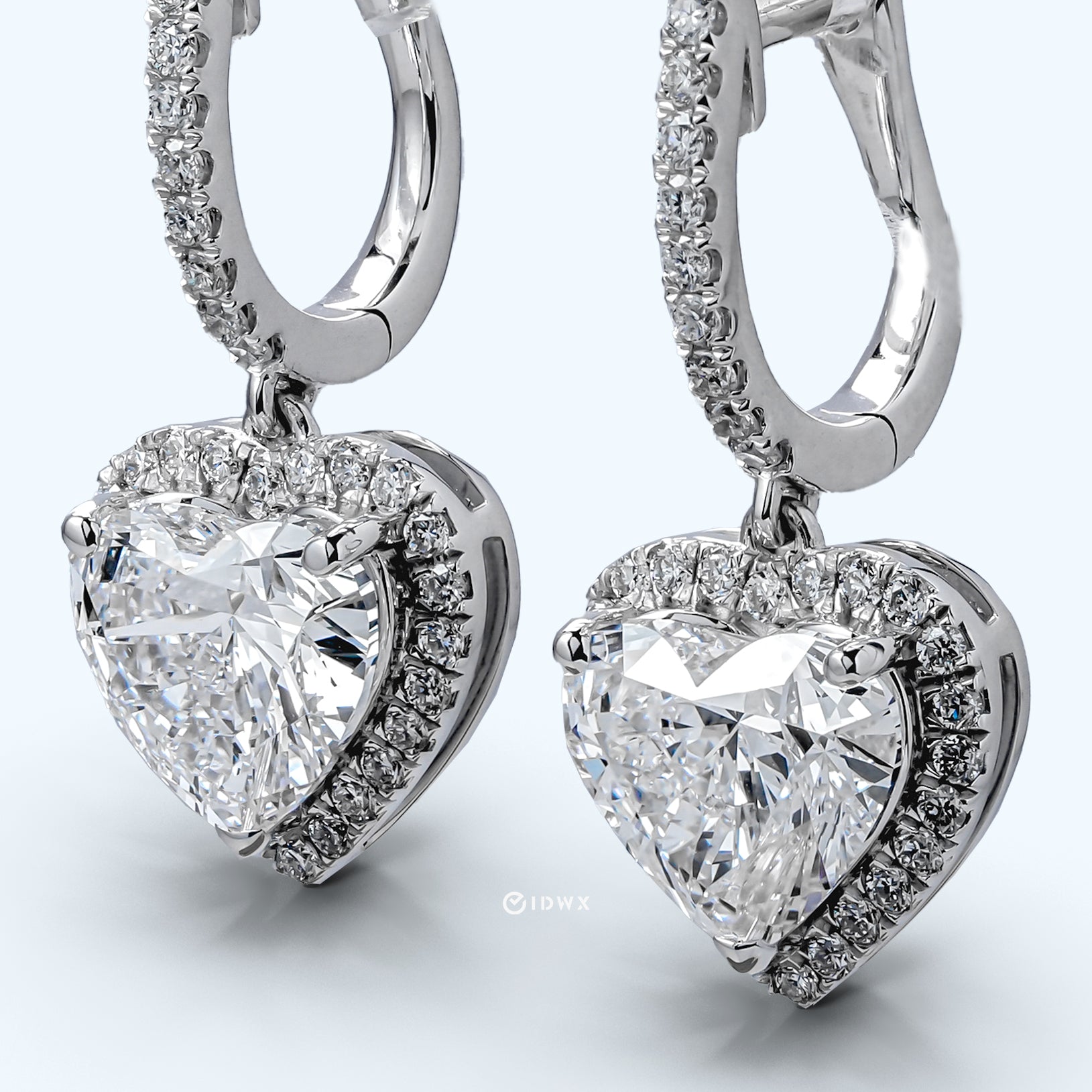 WHITEGOLD HALO DROP EARRINGS 2CT EACH HEART CUT LAB DIAMOND