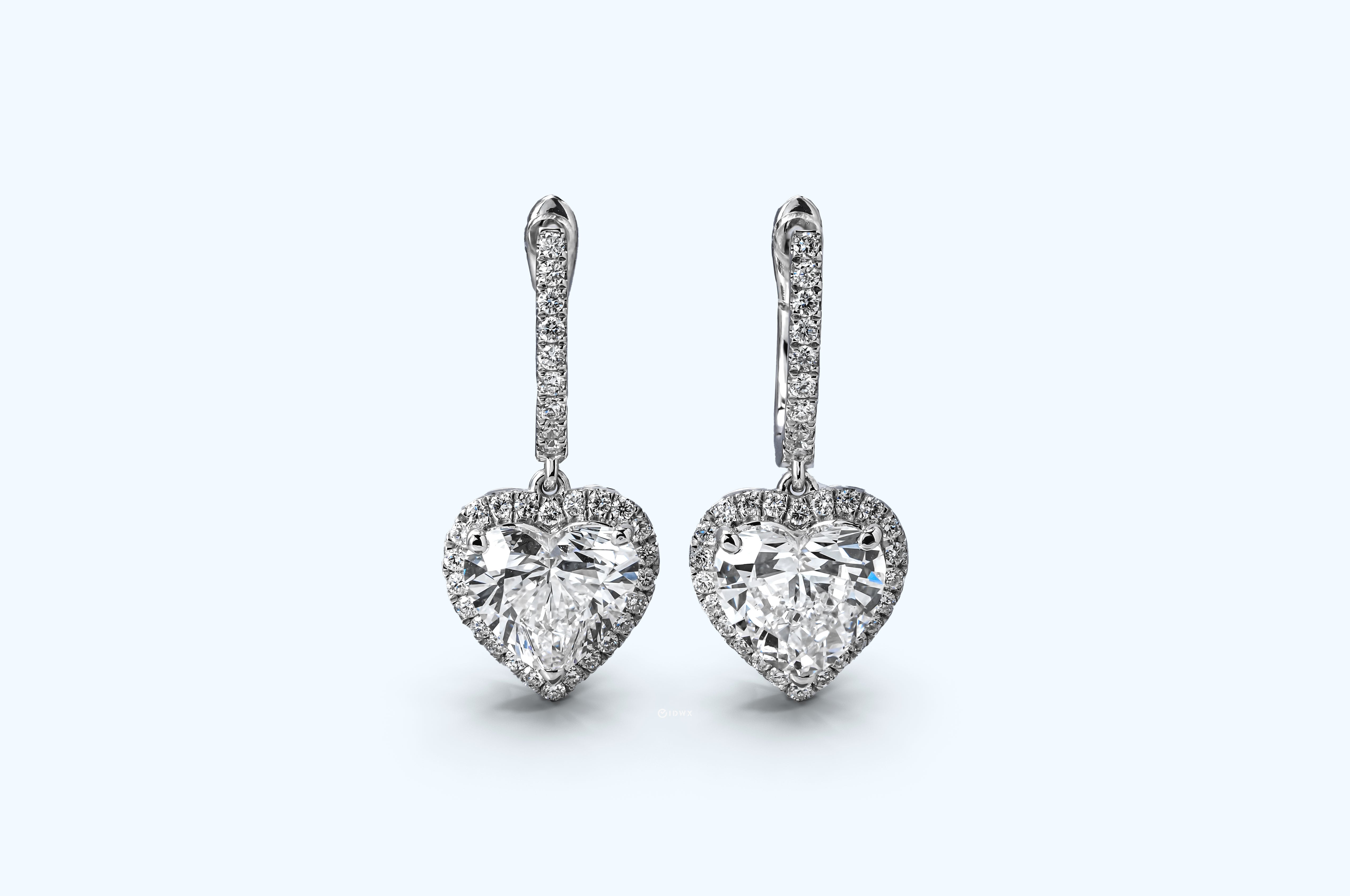 WHITEGOLD HALO DROP EARRINGS 2CT EACH HEART CUT LAB DIAMOND