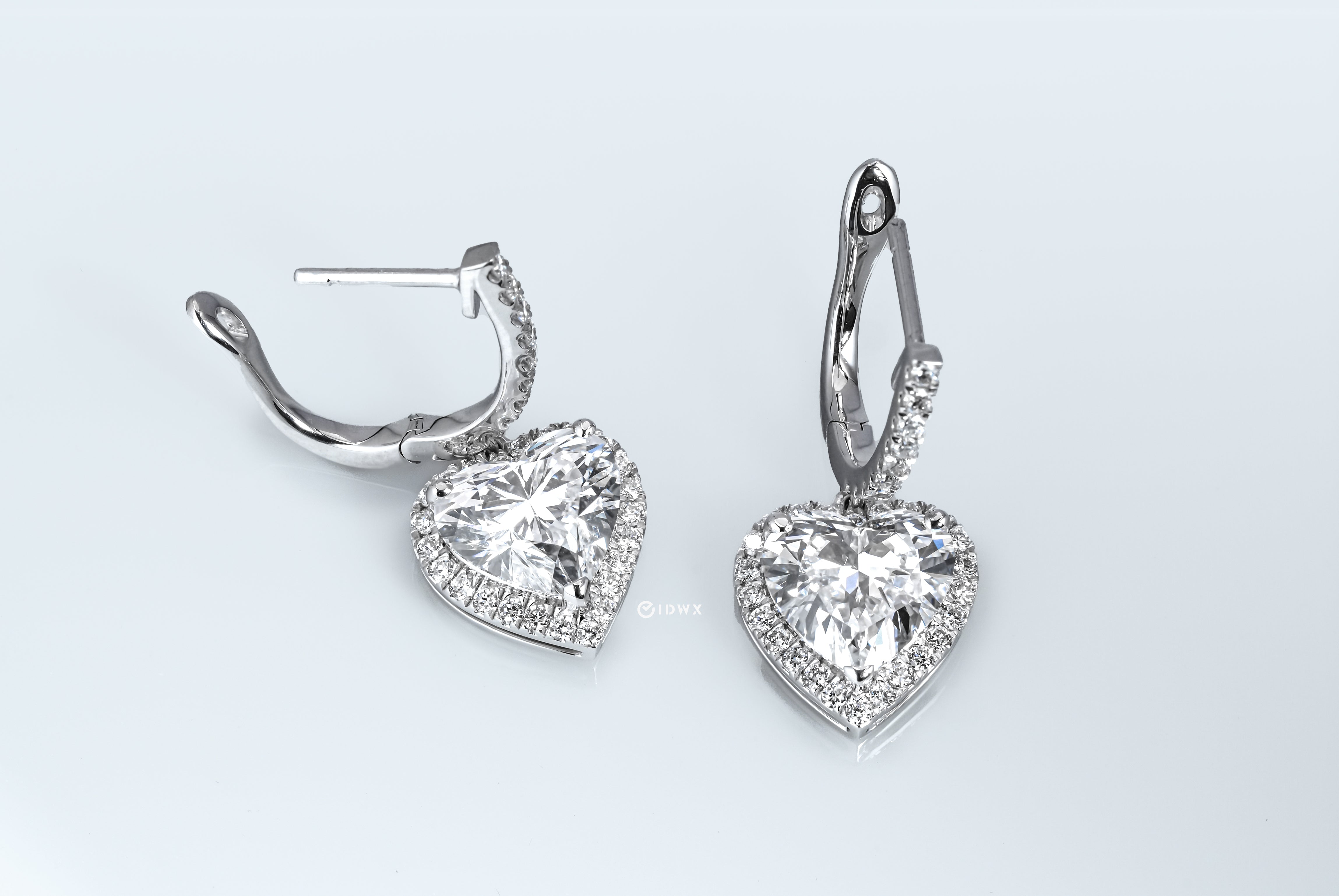 WHITEGOLD HALO DROP EARRINGS 2CT EACH HEART CUT LAB DIAMOND