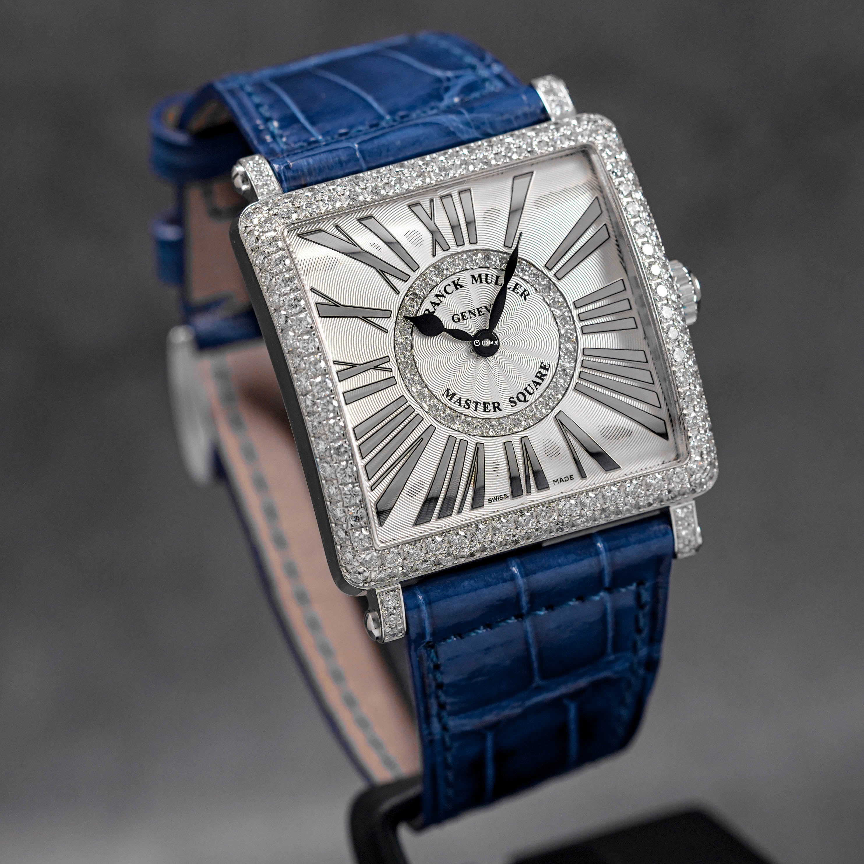 MASTER SQUARE SILVER DIAL DIAMOND BEZEL BLUE LEATHER STRAP (2014)