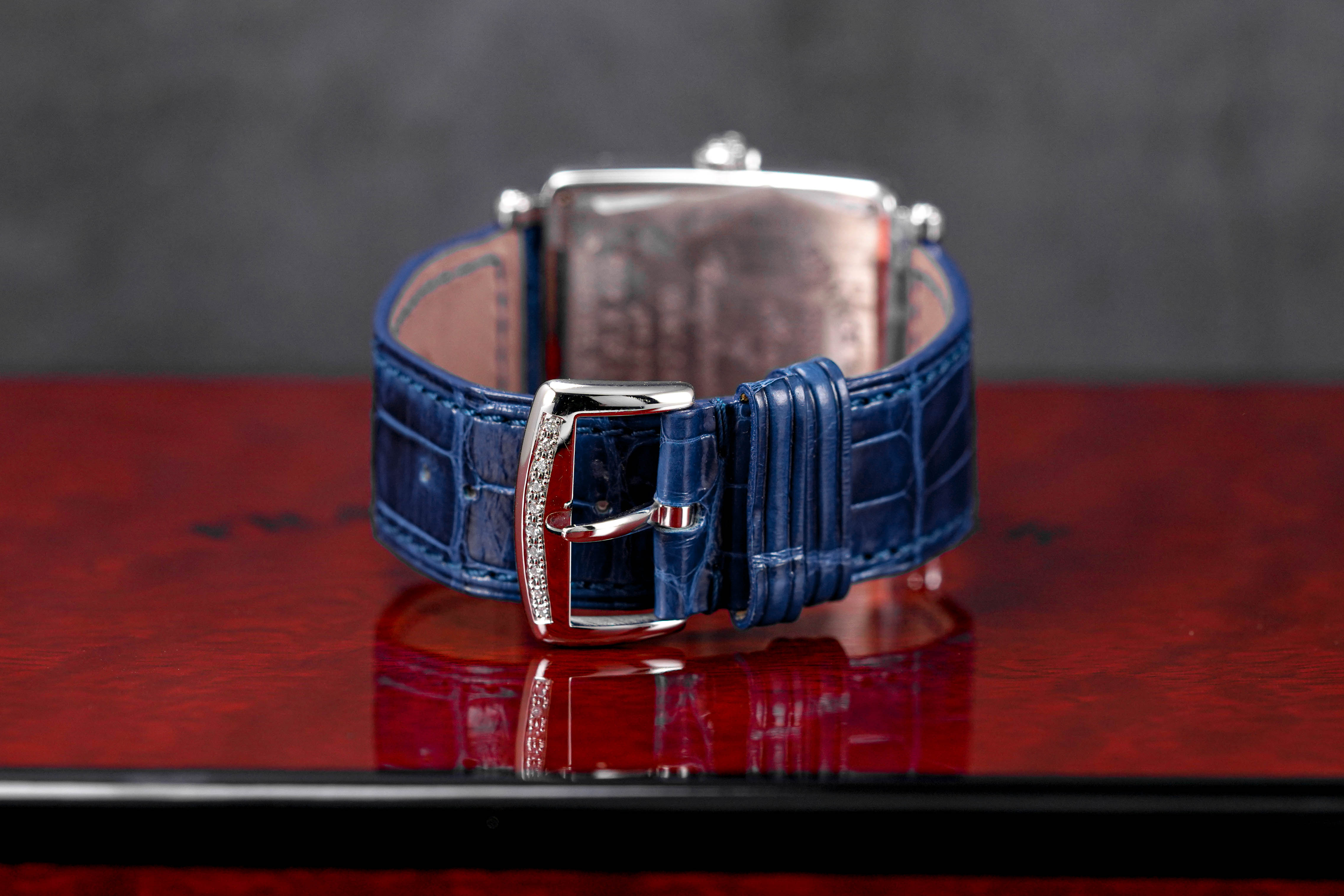 MASTER SQUARE SILVER DIAL DIAMOND BEZEL BLUE LEATHER STRAP (2014)