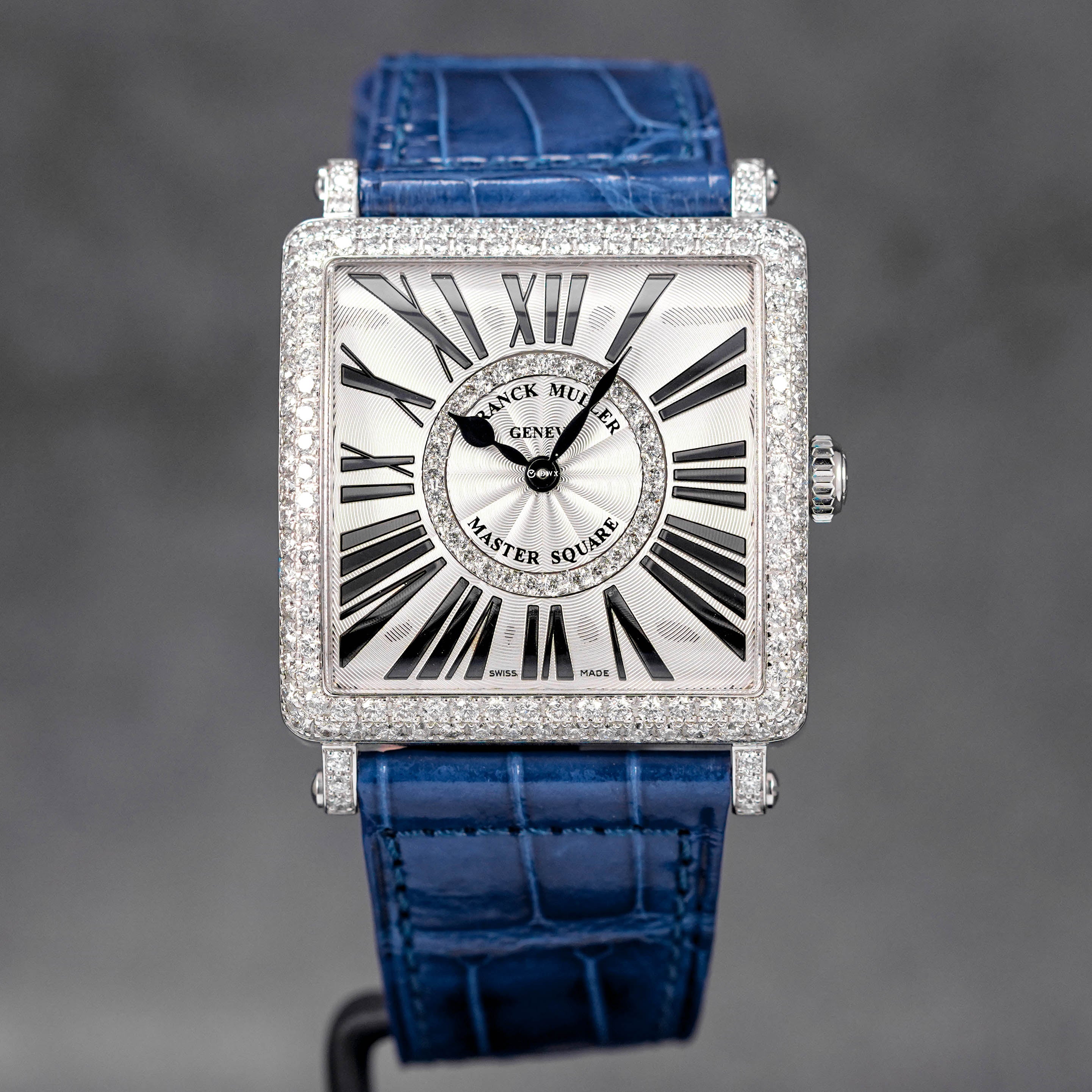 FRANCK MULLER MASTER SQUARE SILVER DIAL DIAMOND BEZEL BLUE LEATHER