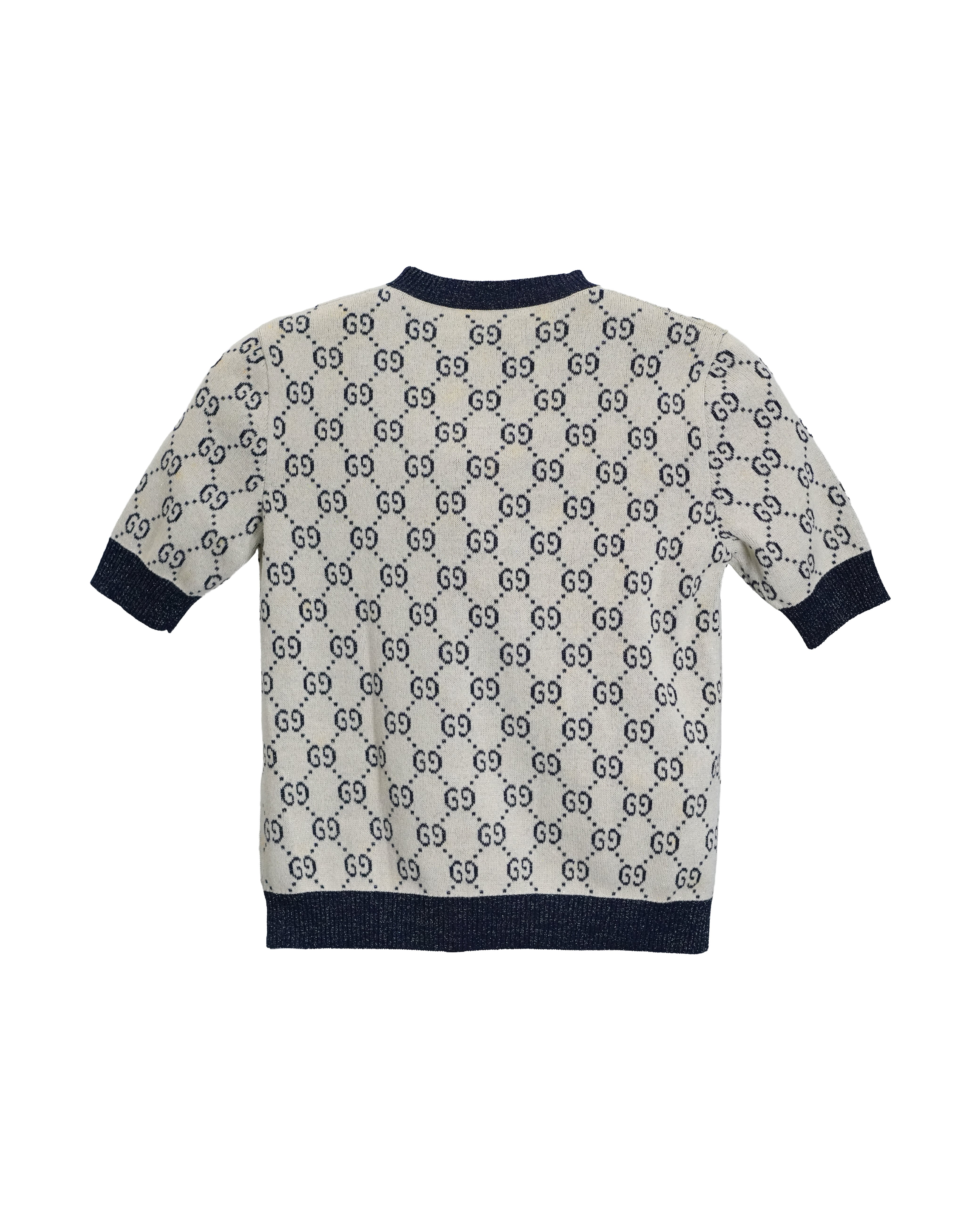 GUCCI GG LAME JACQUARD TOP SHORT SLEEVE KNIT IVORY GRAY