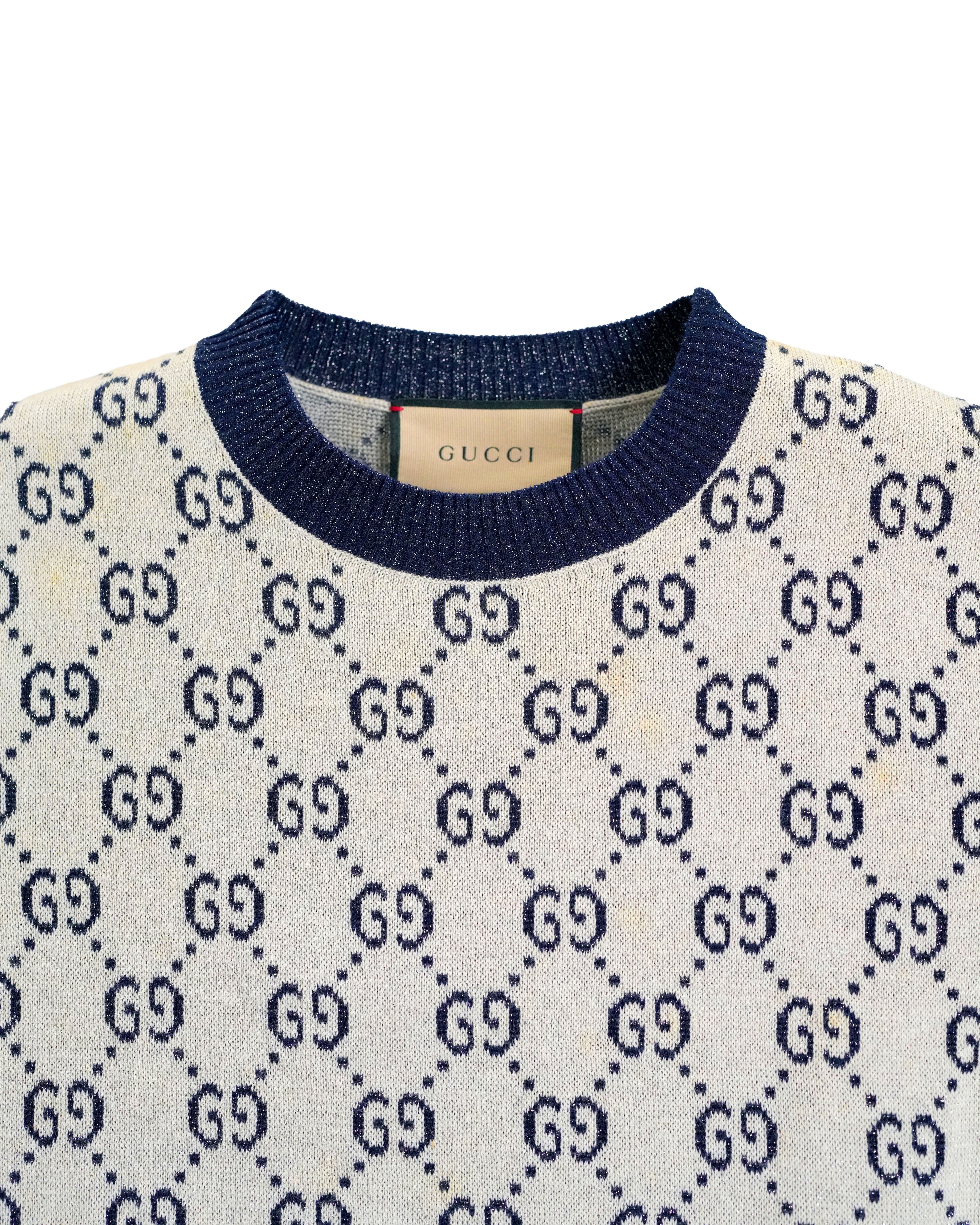 GUCCI GG LAME JACQUARD TOP SHORT SLEEVE KNIT IVORY GRAY
