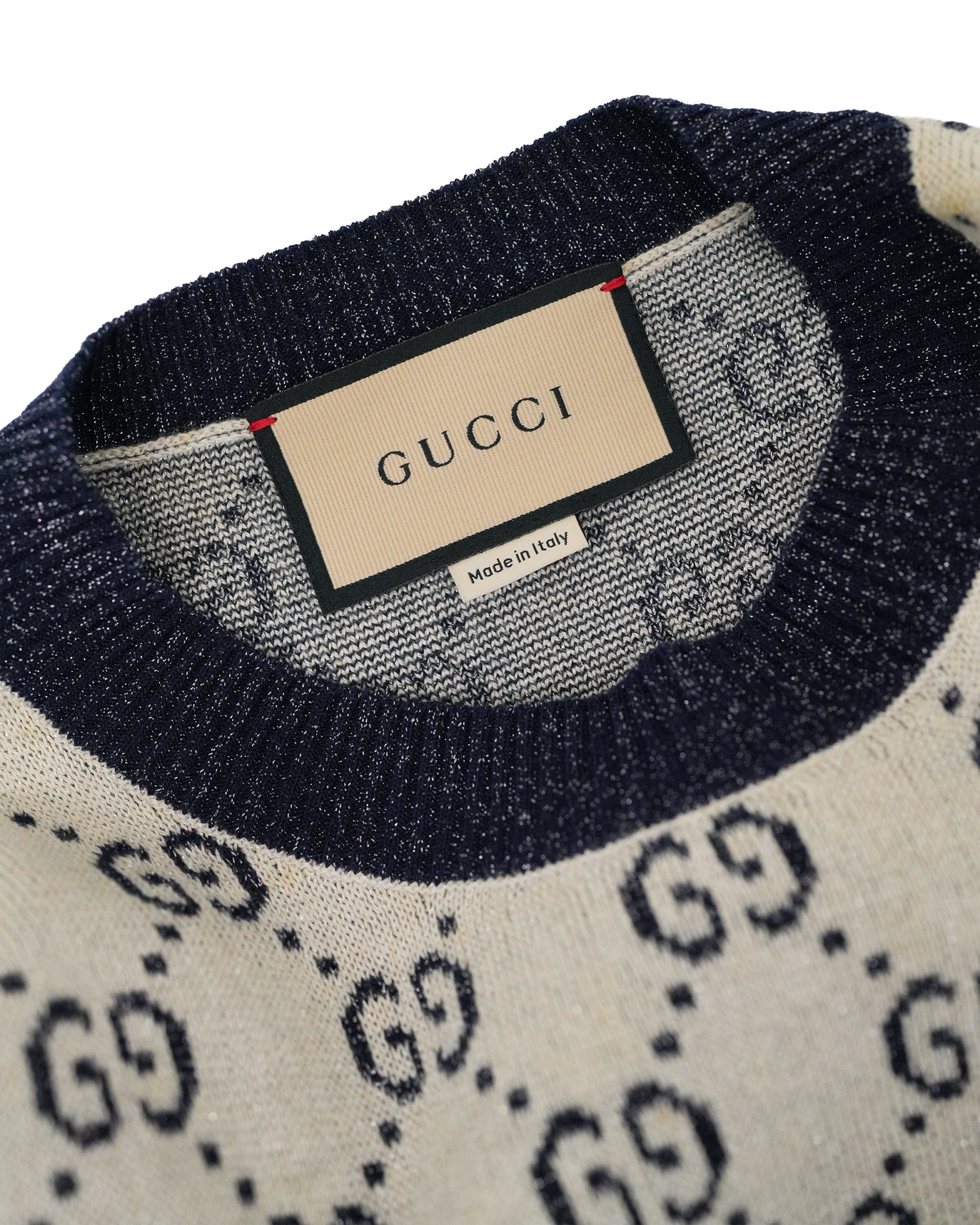 GUCCI GG LAME JACQUARD TOP SHORT SLEEVE KNIT IVORY GRAY
