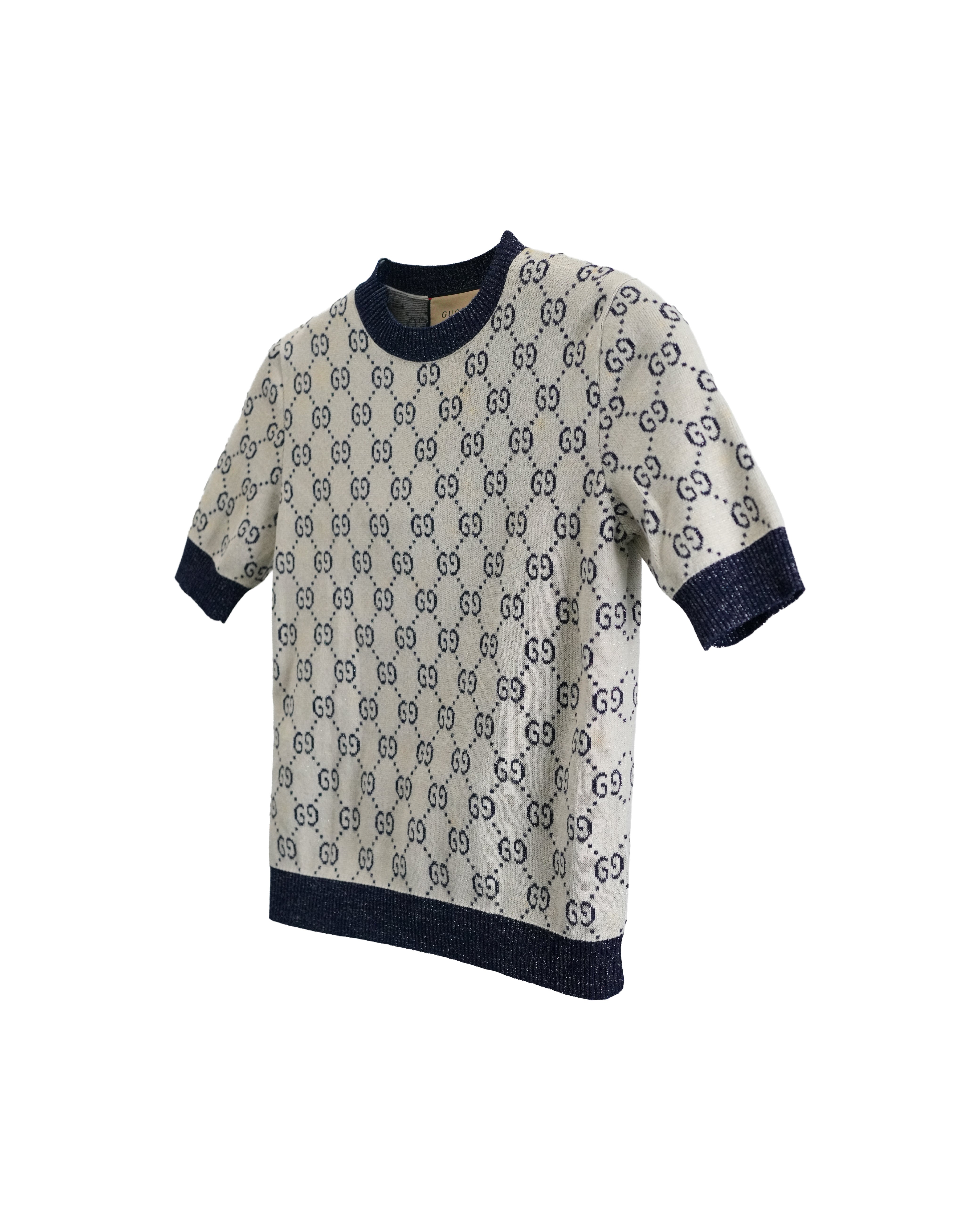GUCCI GG LAME JACQUARD TOP SHORT SLEEVE KNIT IVORY GRAY