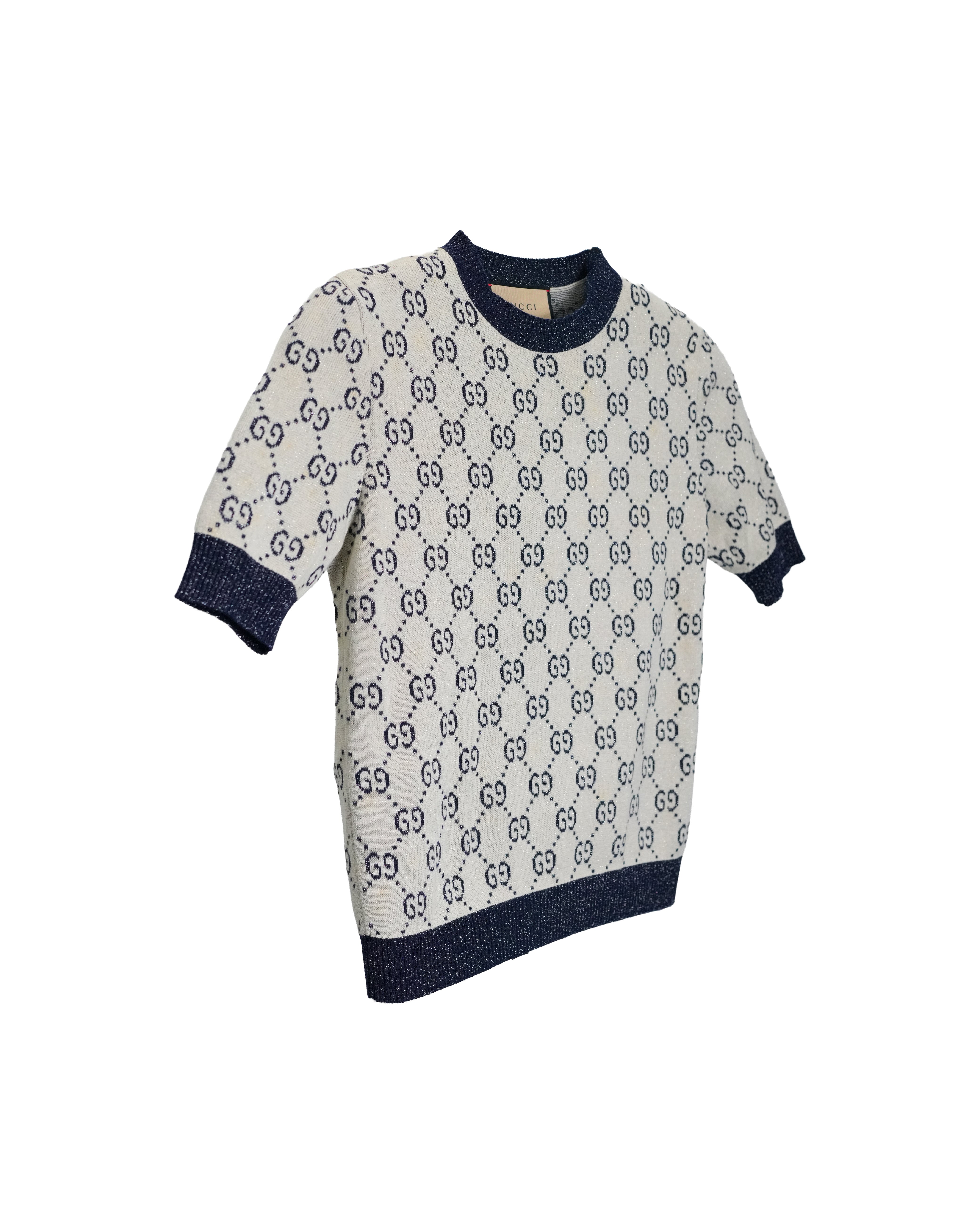 GUCCI GG LAME JACQUARD TOP SHORT SLEEVE KNIT IVORY GRAY