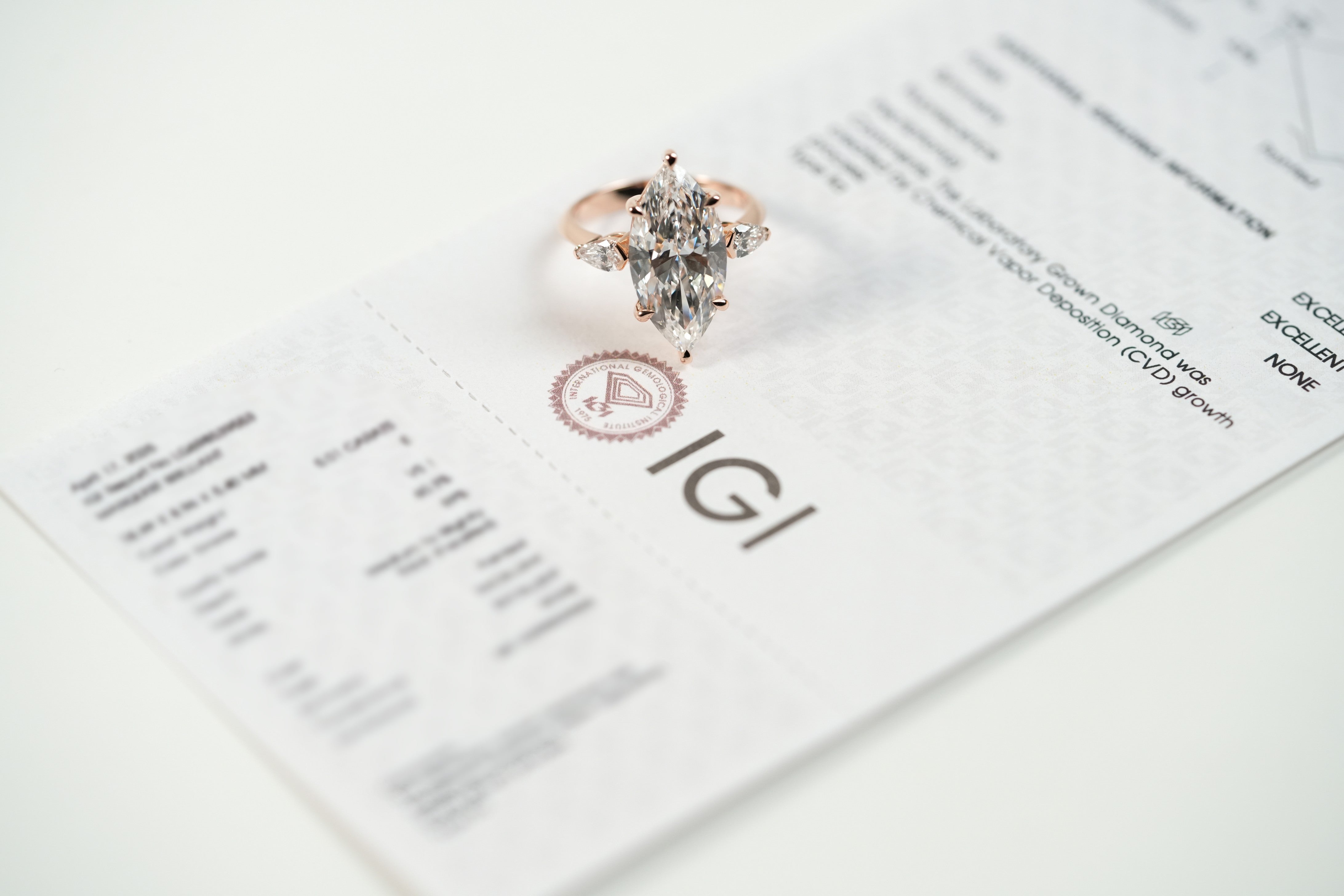 EMILY ROSEGOLD THREE STONE RING 5CT MARQUISE CUT LAB DIAMOND