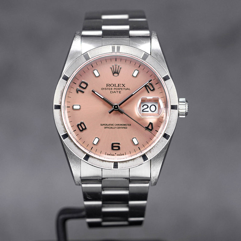 OYSTER PERPETUAL DATE 34MM 15210 ENGINE-TURNED BEZEL SALMON DIAL 'P SERIES' (WATCH ONLY-CIRCA 2000)