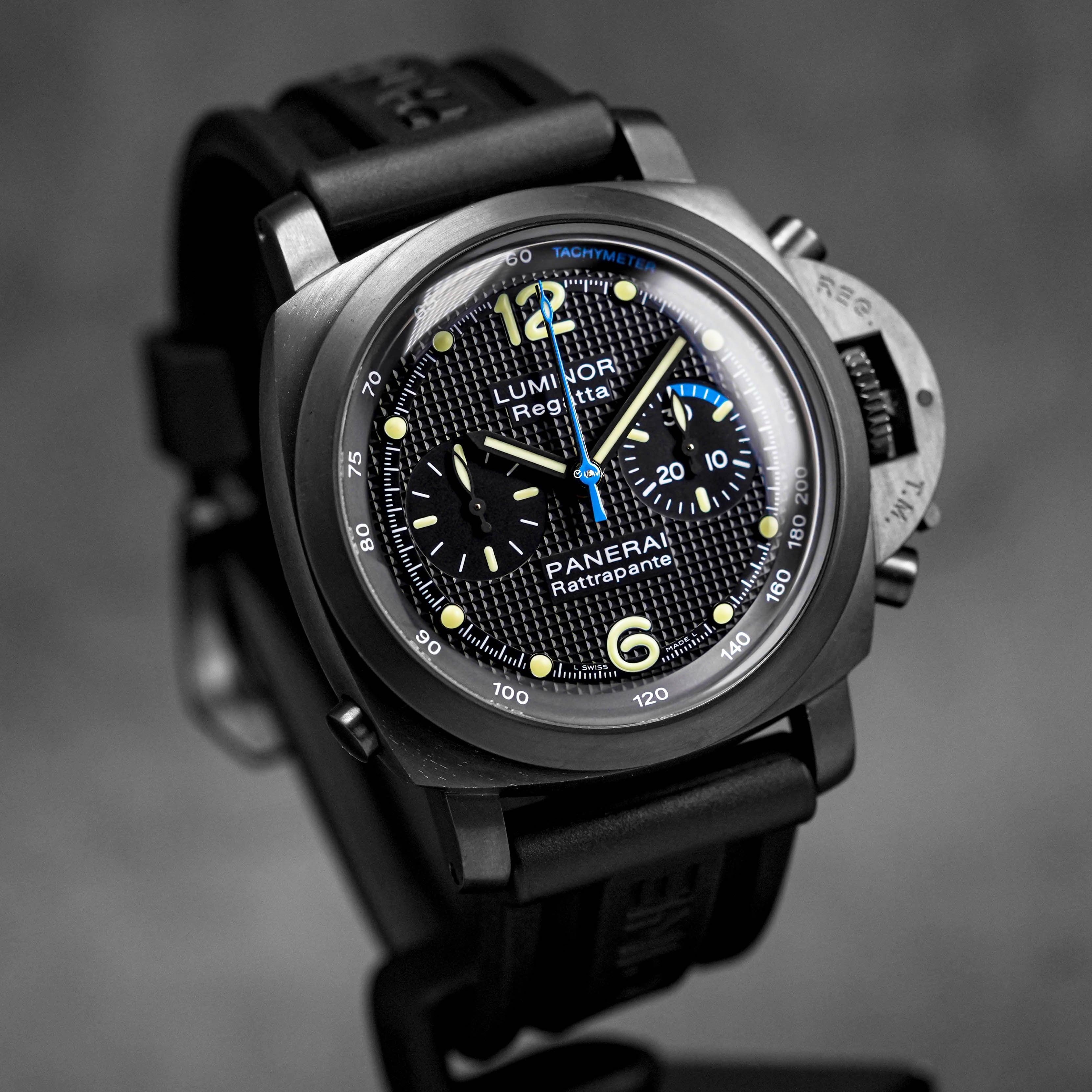 PANERAI LUMINOR 1950 REGATTA RATTRAPANTE 44MM STEEL PVD BLACK HOBNAILS DIAL PAM 332 2010 IDWX