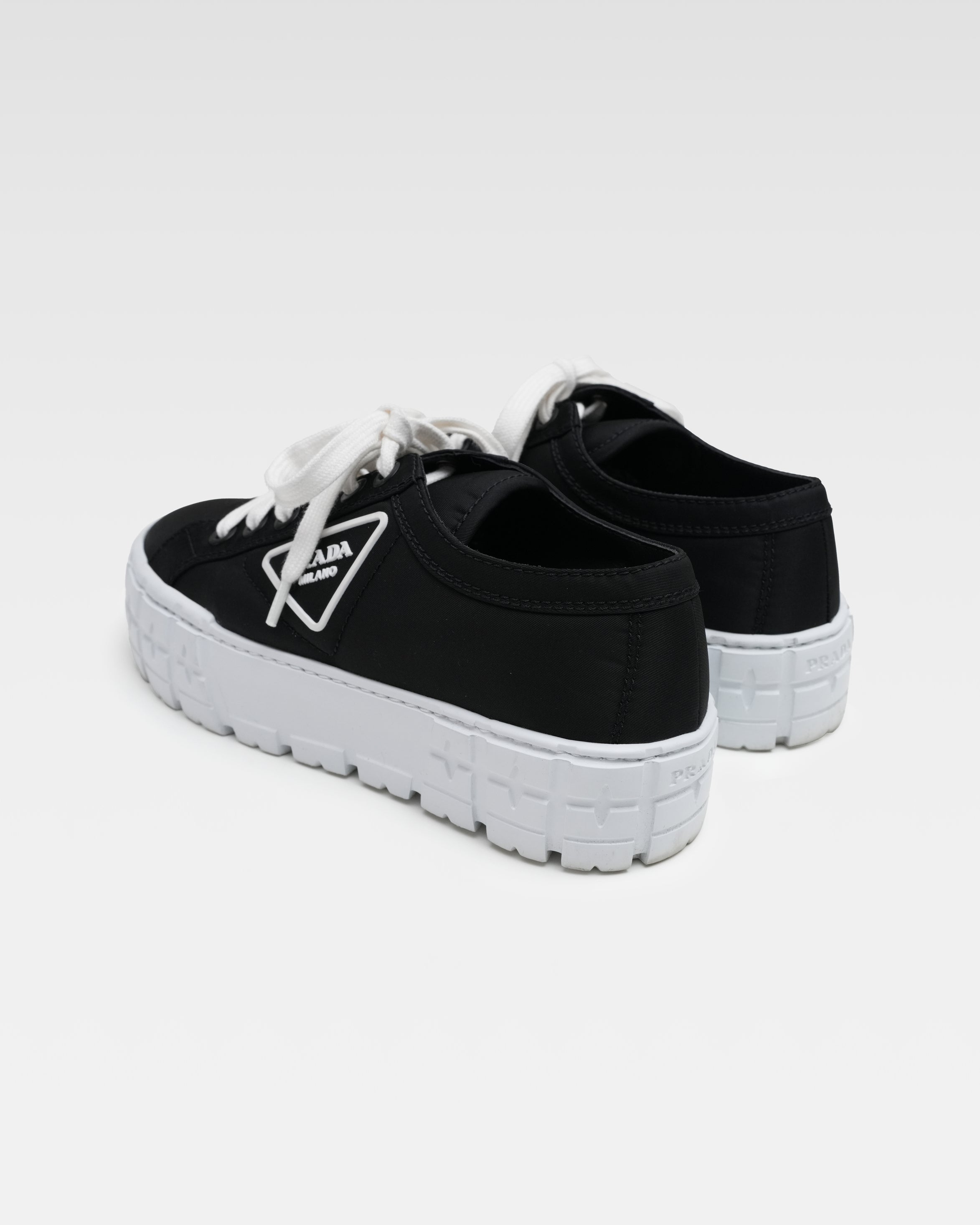 RE NYLON & LEATHER SNEAKERS LADIES BLACK DOUBLE WHEEL THICK BOTTOM LOGO GABARDINE