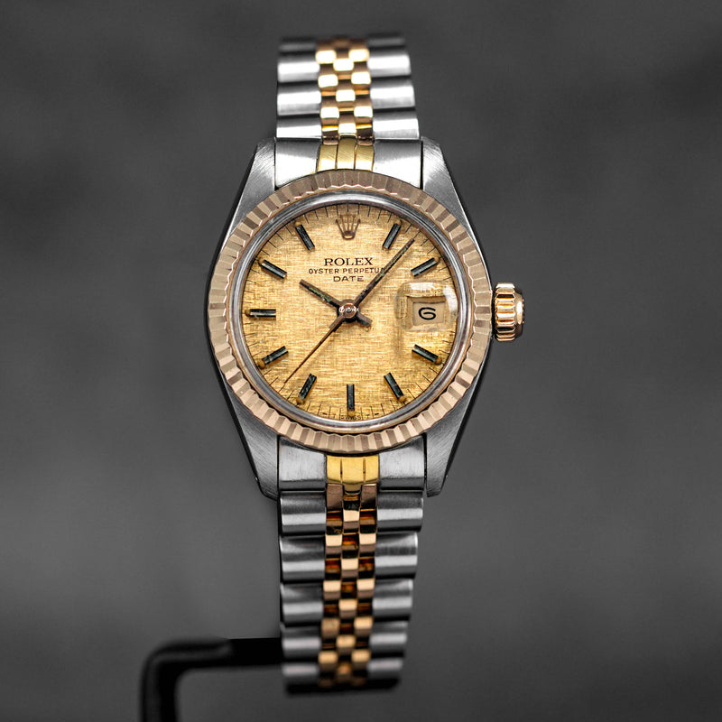OYSTER PERPETUAL DATE 26MM TWOTONE YELLOWGOLD CHAMPAGNE LINEN DIAL (WATCH ONLY)