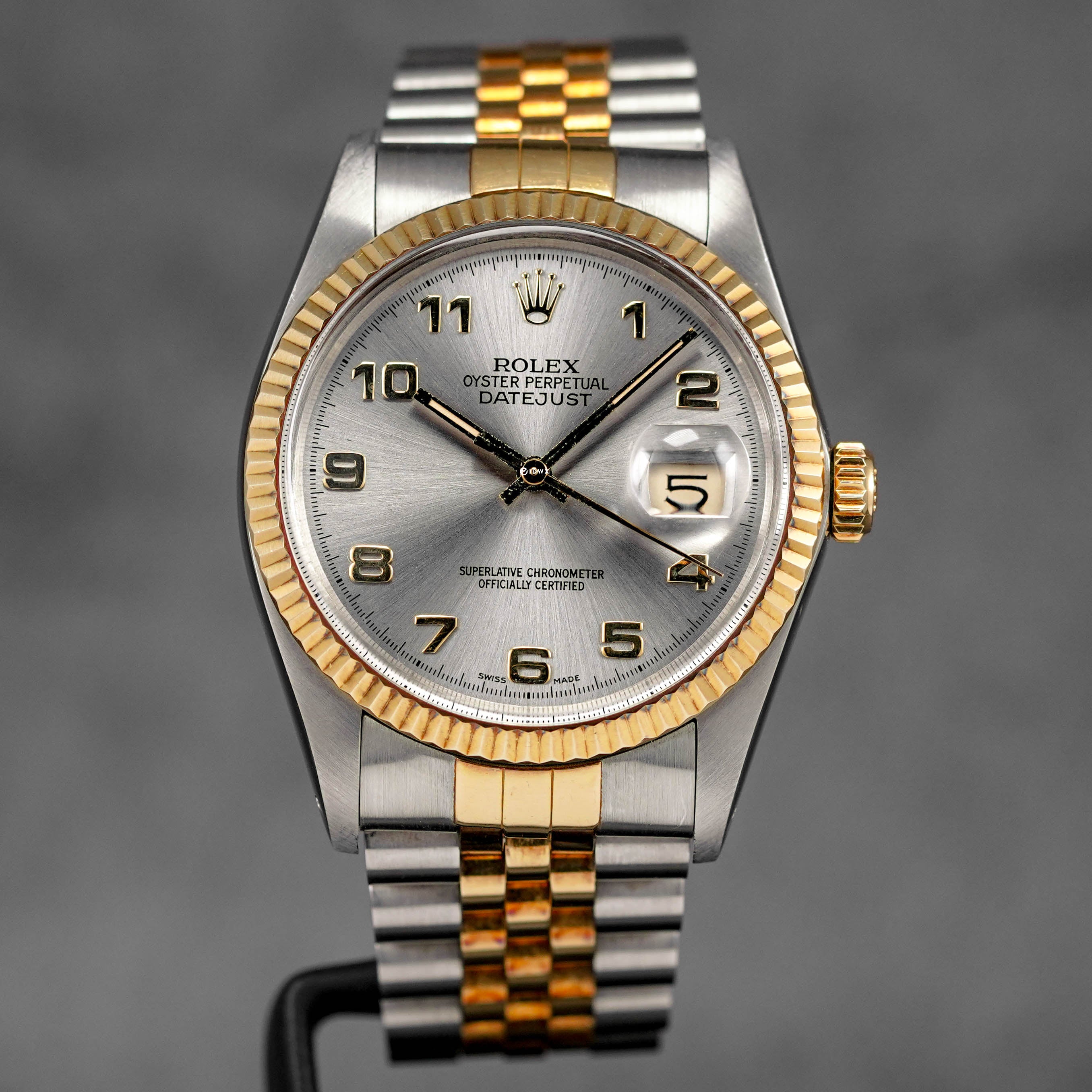 ROLEX DATEJUST 36MM TWOTONE YELLOWGOLD ARABIC SILVER DIAL