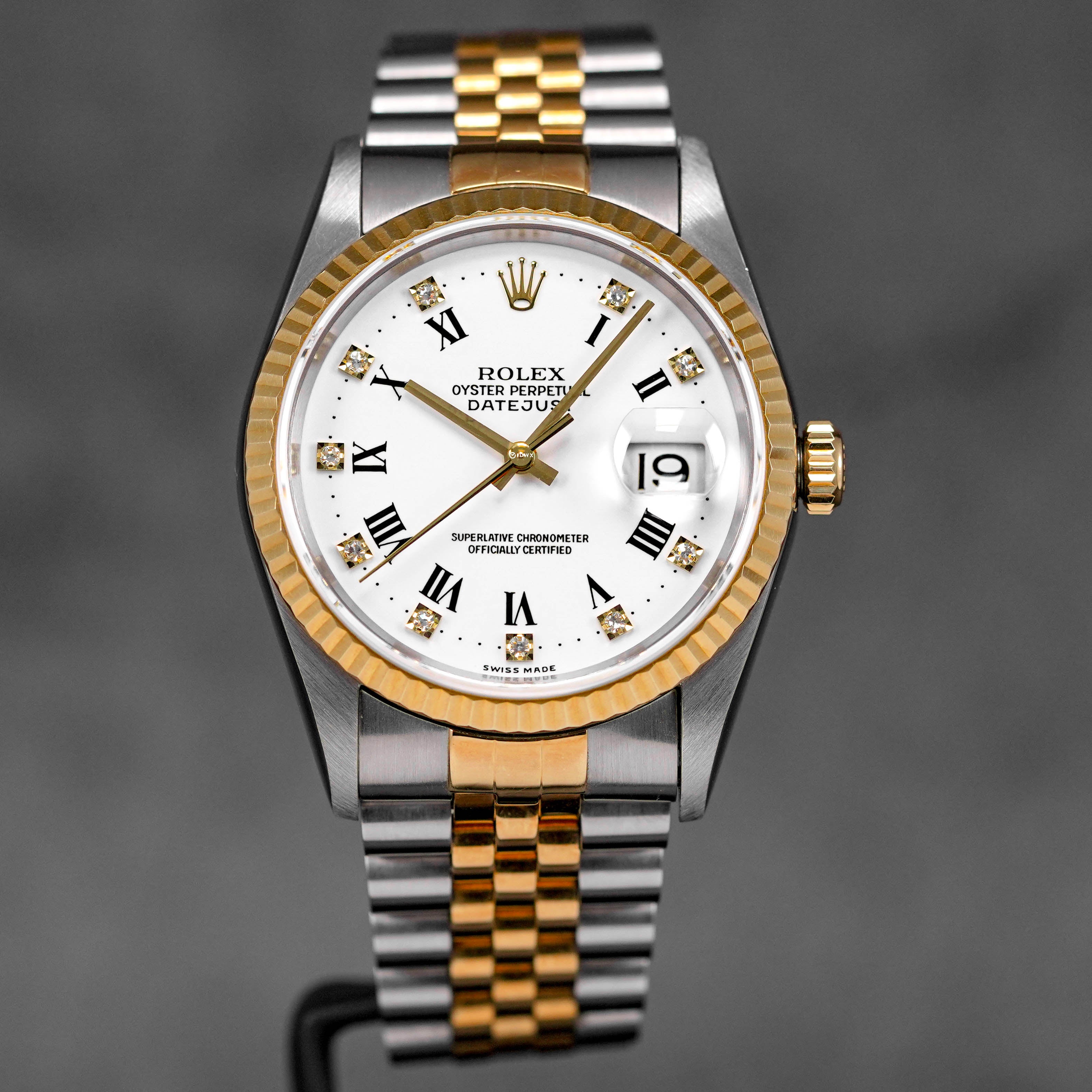 ROLEX DATEJUST 36MM TWOTONE YELLOWGOLD WHITE DIAMOND ROMAN DIAL