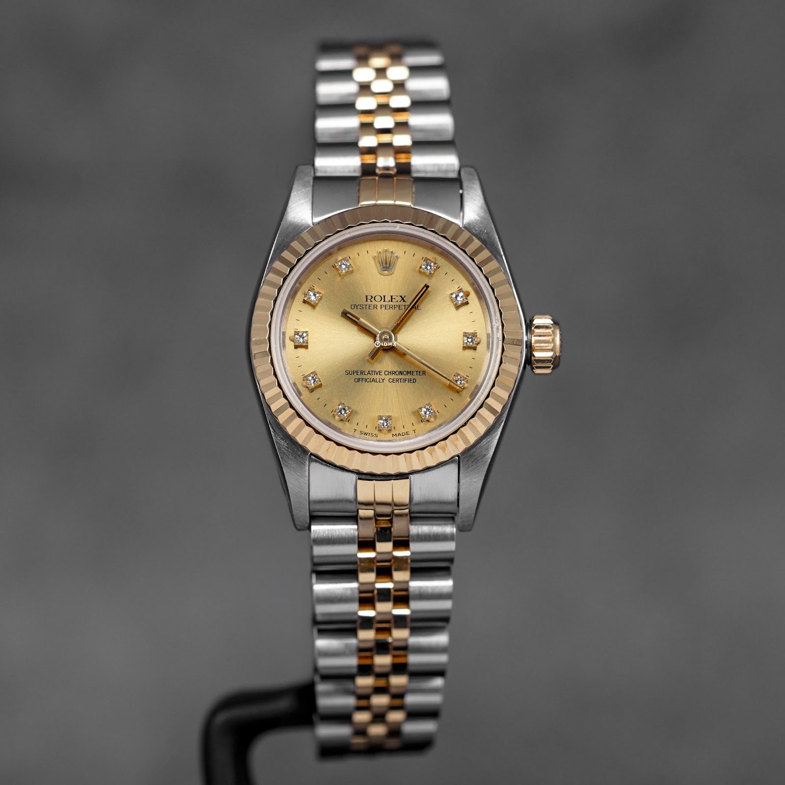 OYSTER PERPETUAL 26MM TWOTONE YELLOWGOLD CHAMPAGNE DIAMOND DIAL (1994)