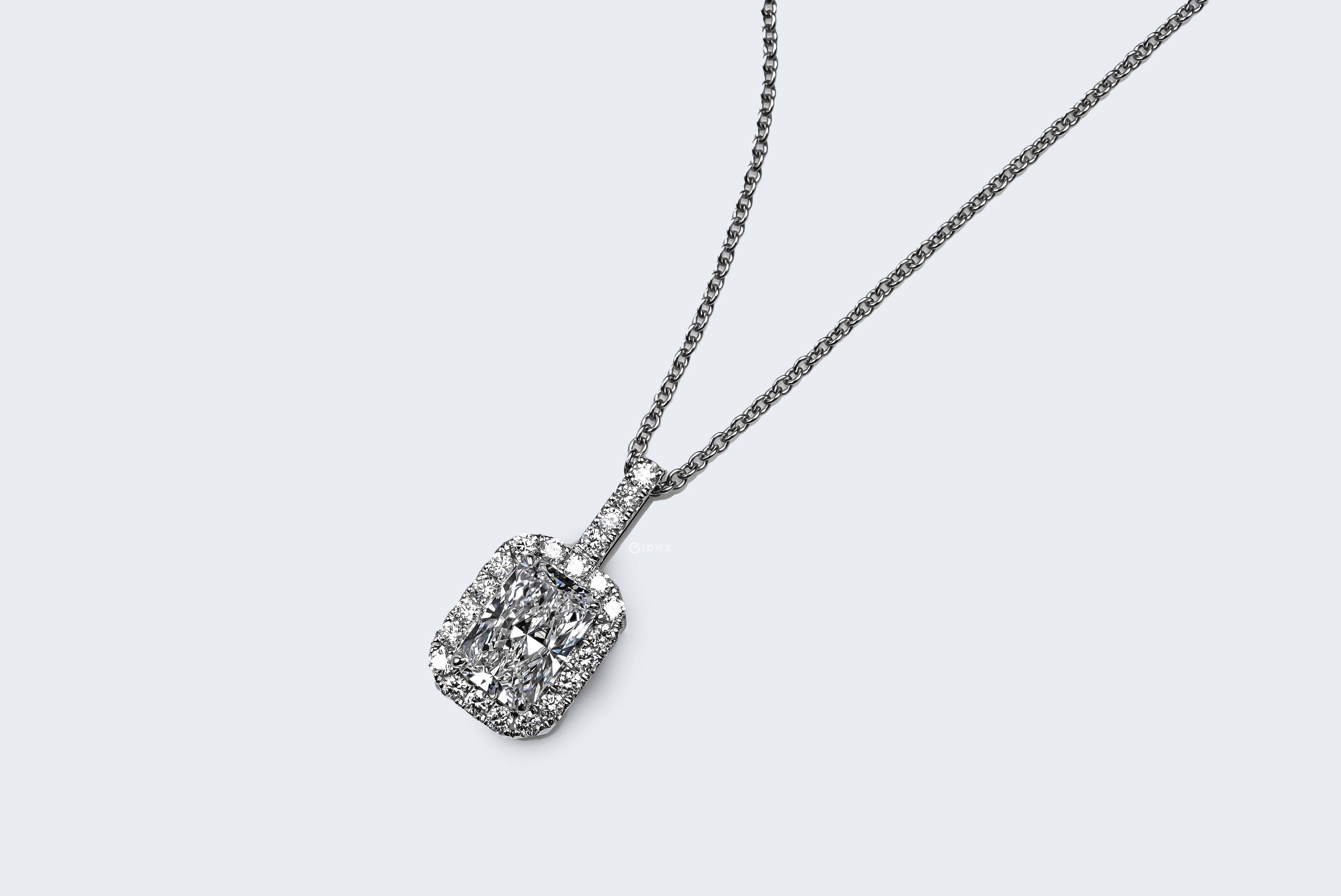 KELLY WHITEGOLD NECKLACE 1CT RADIANT CUT LAB DIAMOND WITH HALO SIDE STONE