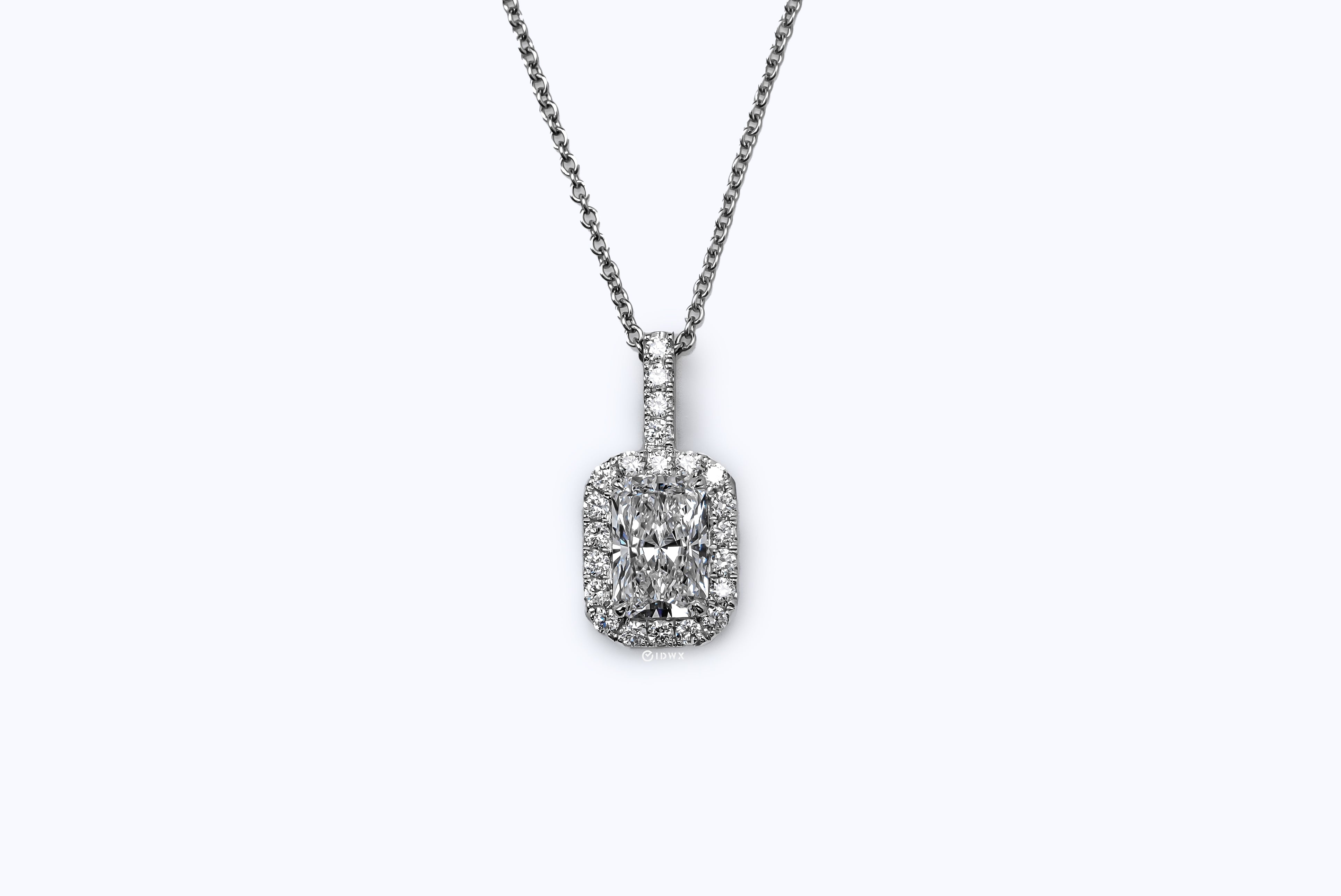 KELLY WHITEGOLD NECKLACE 1CT RADIANT CUT LAB DIAMOND WITH HALO SIDE STONE