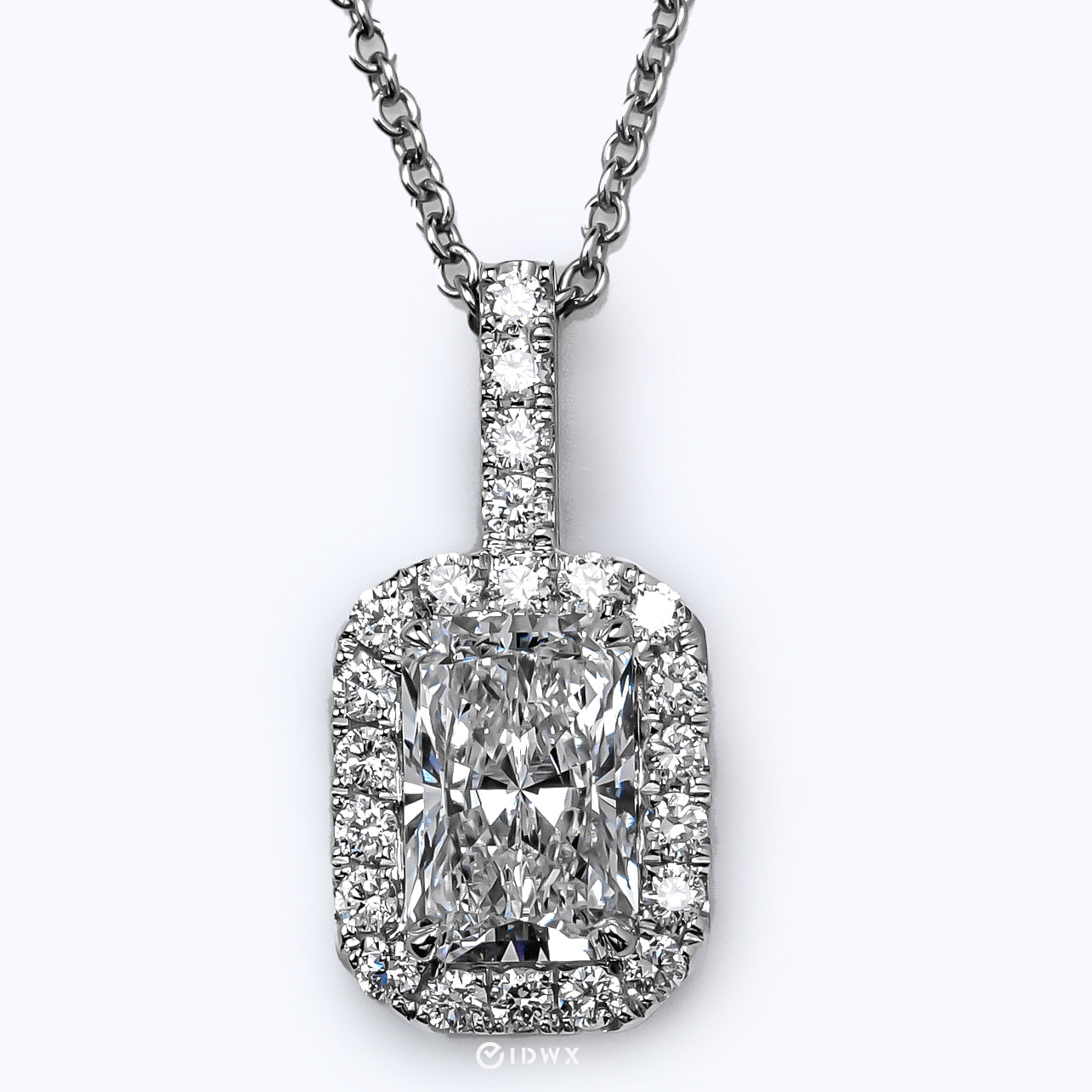 KELLY WHITEGOLD NECKLACE 1CT RADIANT CUT LAB DIAMOND WITH HALO SIDE STONE