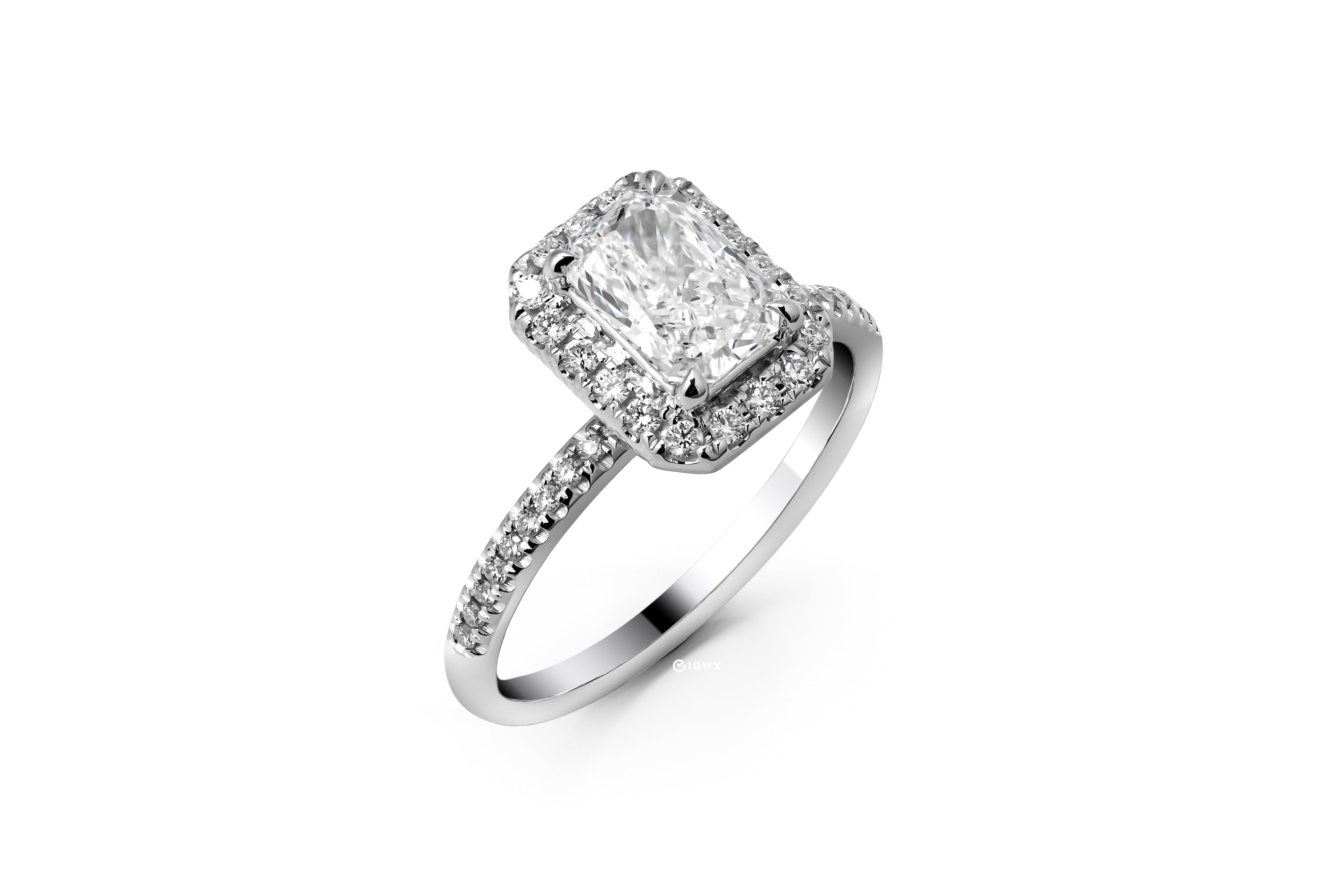 1CT RADIANT BRILLIANT SIDE STONE WHITEGOLD HALO RING