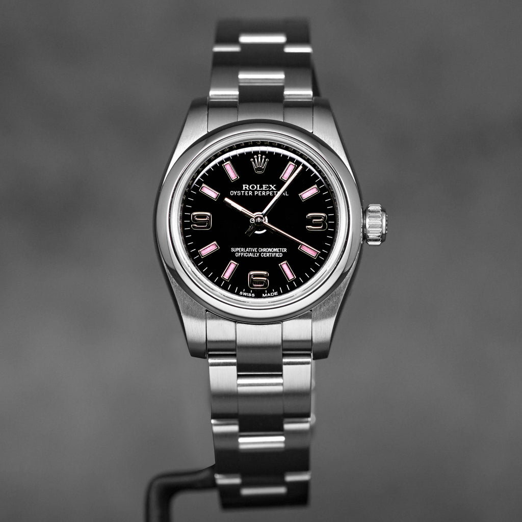 ROLEX OYSTER PERPETUAL 26MM BLACK ARABIC PINK HOUR MARKERS DIAL