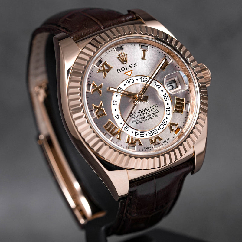 SKY-DWELLER ROSEGOLD SILVER SUNDUST ROMAN DIAL WITH BROWN LEATHER STRAP (2015)
