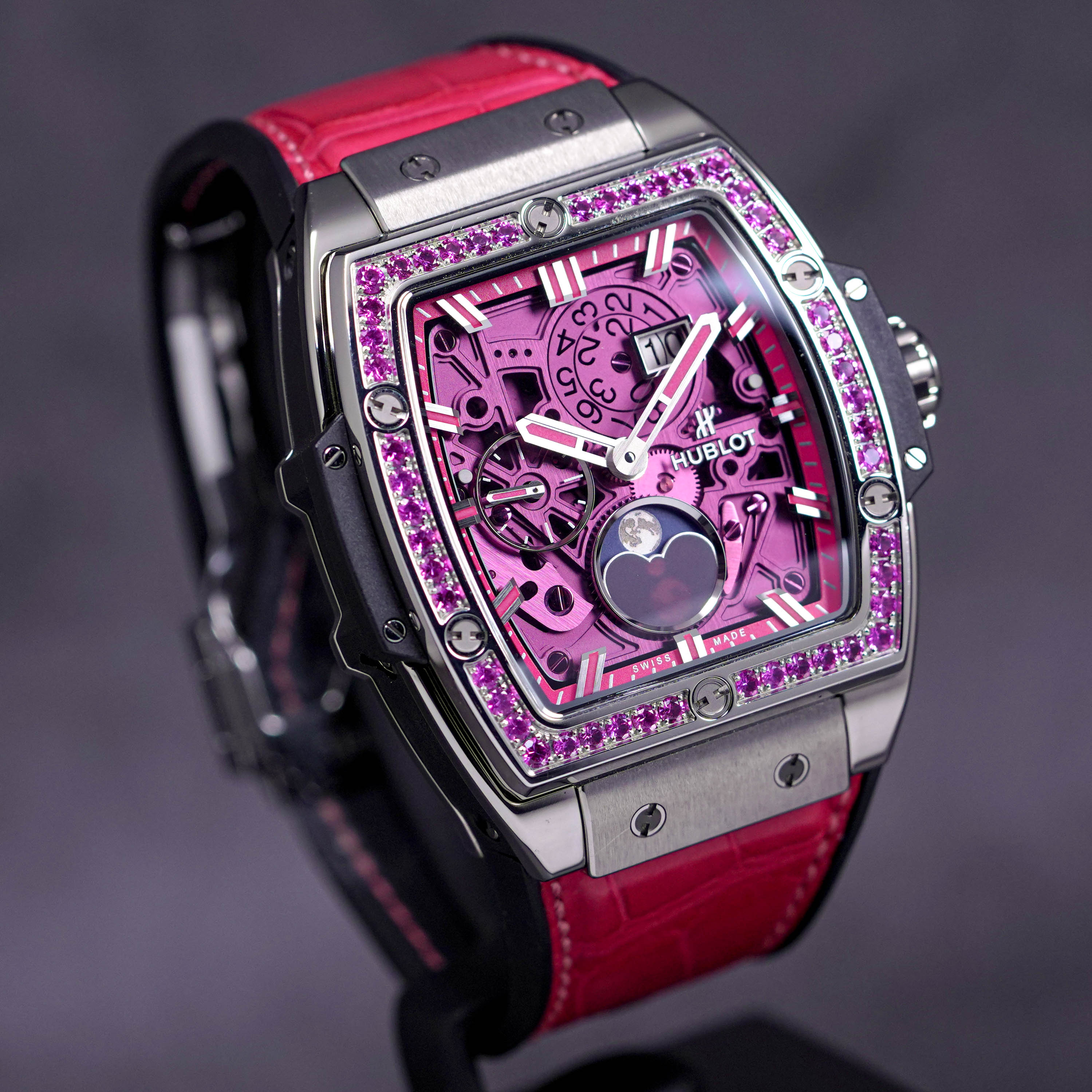 SPIRIT OF BIG BANG 42MM MOONPHASE TITANIUM PINK SKELETON DIAL DIAMOND BEZEL (WATCH & BOX)