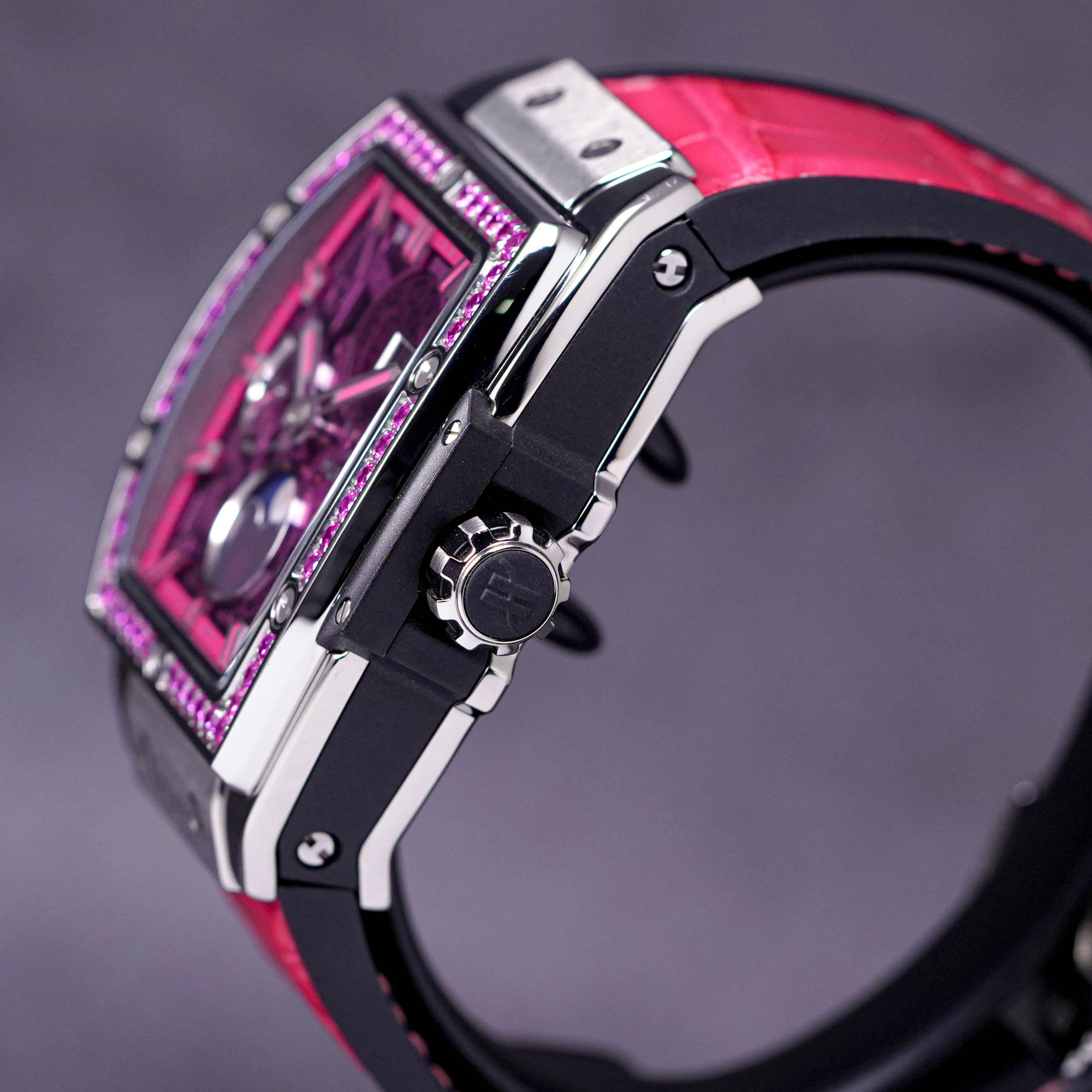 SPIRIT OF BIG BANG 42MM MOONPHASE TITANIUM PINK SKELETON DIAL DIAMOND BEZEL (WATCH & BOX)