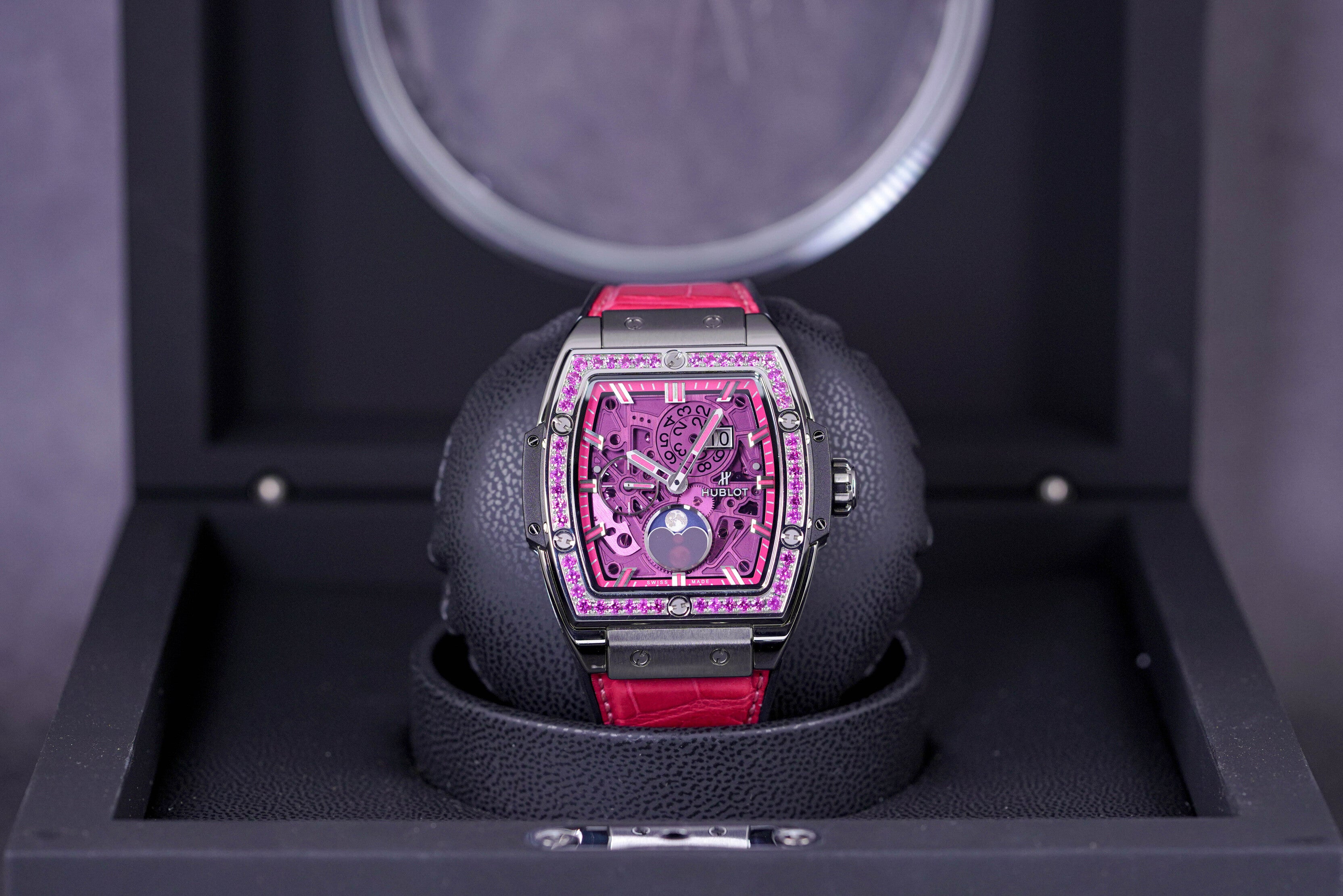 SPIRIT OF BIG BANG 42MM MOONPHASE TITANIUM PINK SKELETON DIAL DIAMOND BEZEL (WATCH & BOX)