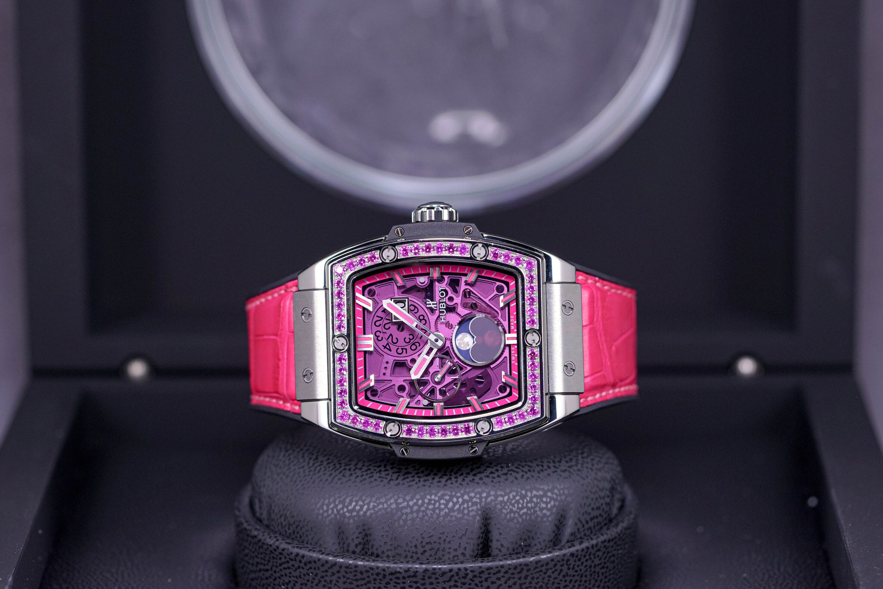 SPIRIT OF BIG BANG 42MM MOONPHASE TITANIUM PINK SKELETON DIAL DIAMOND BEZEL (WATCH & BOX)