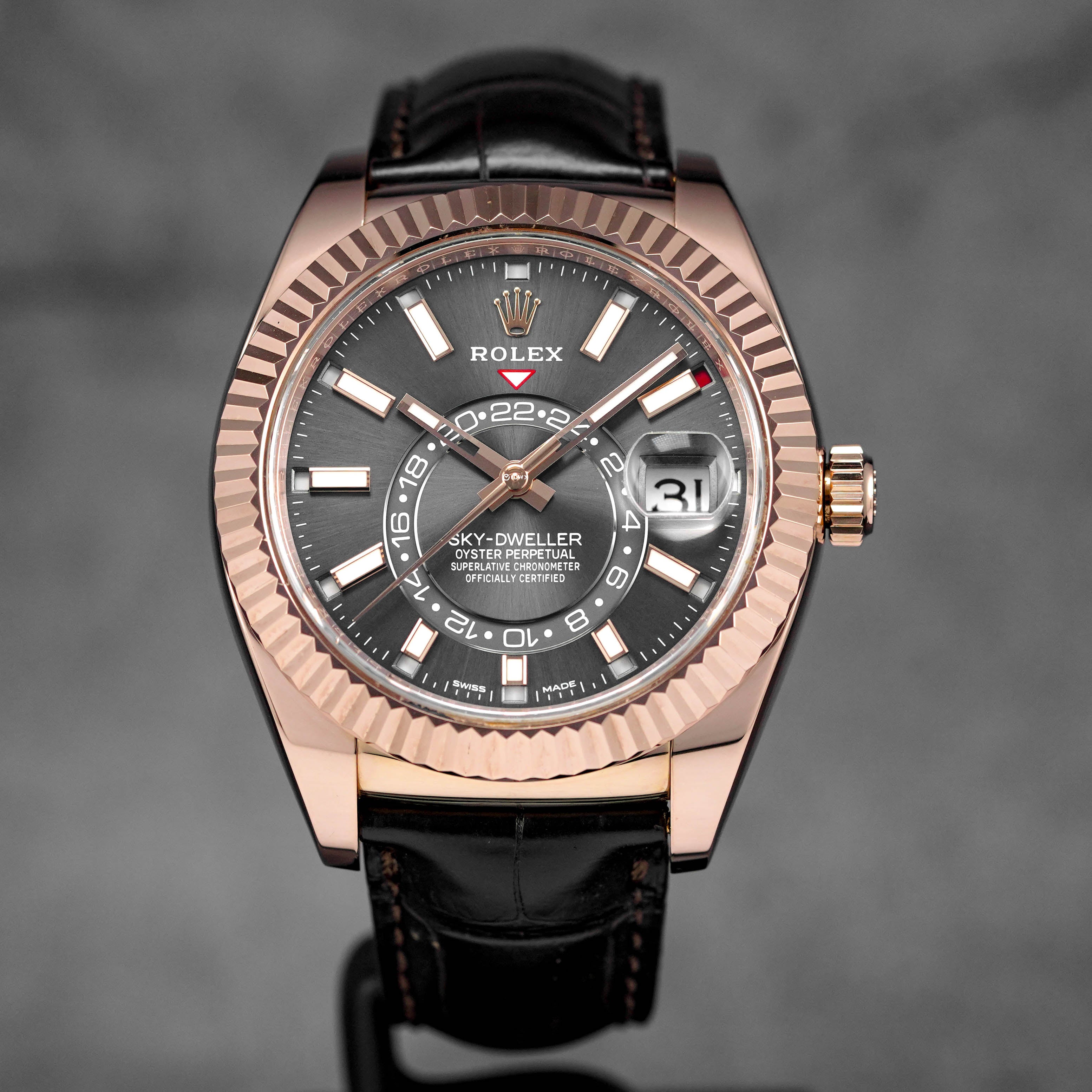 ROLEX SKY DWELLER RHODIUM DIAL BLACK LEATHER STRAP 2018 IDWX