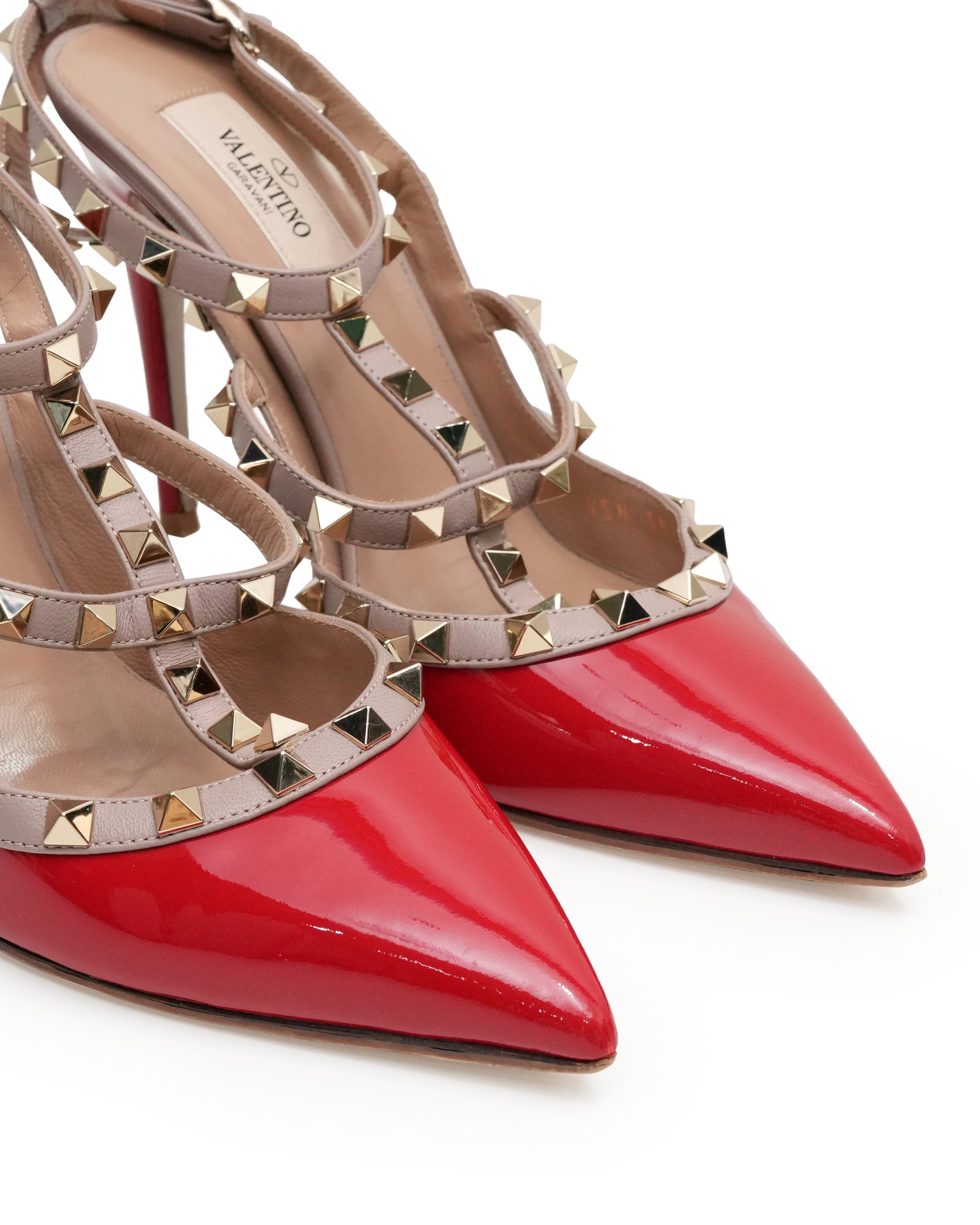 GARAVANI ROCKSTUDS LEATHER & PATENT STRAP LADIES PUMPS RED x BEIGE