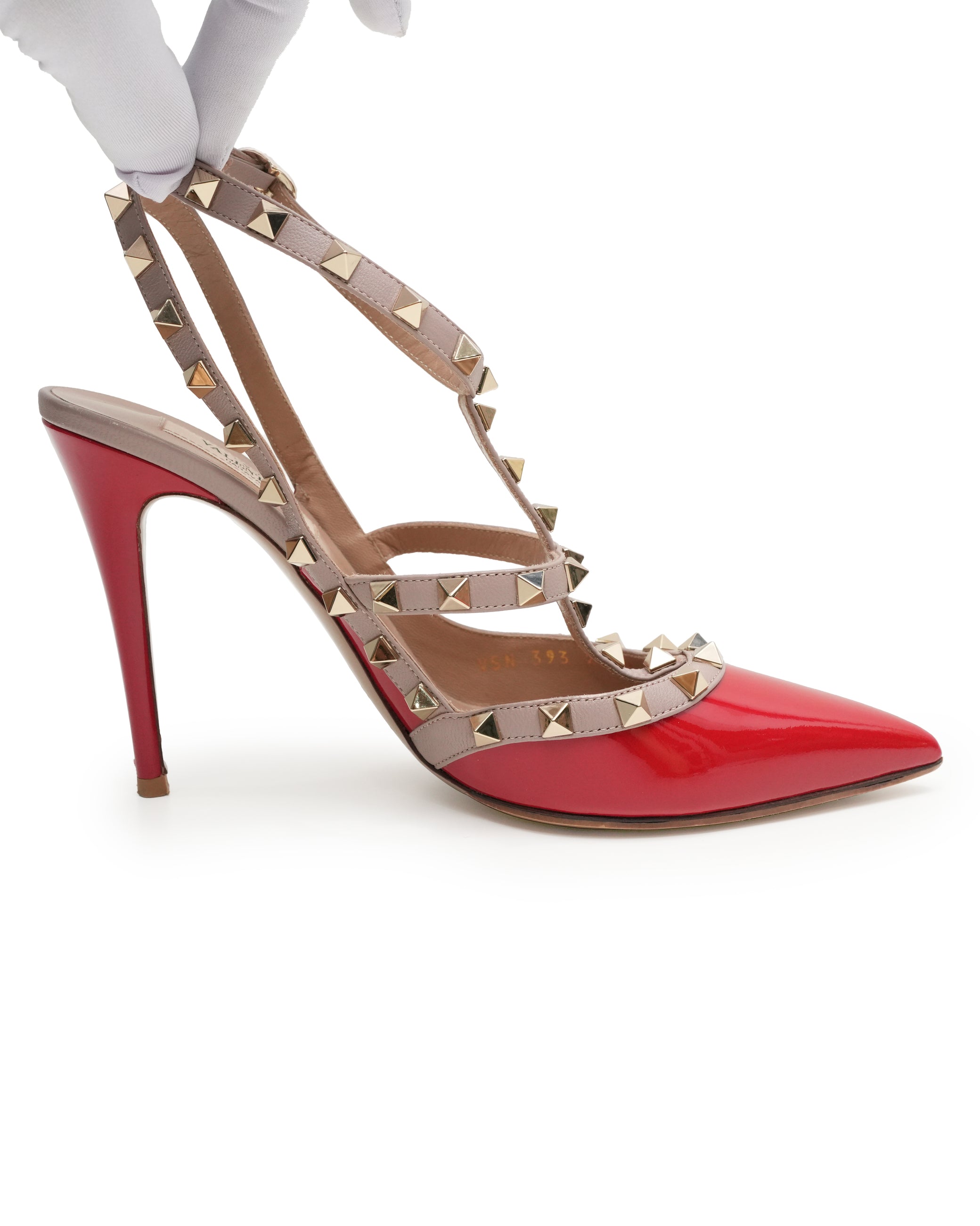 GARAVANI ROCKSTUDS LEATHER & PATENT STRAP LADIES PUMPS RED x BEIGE