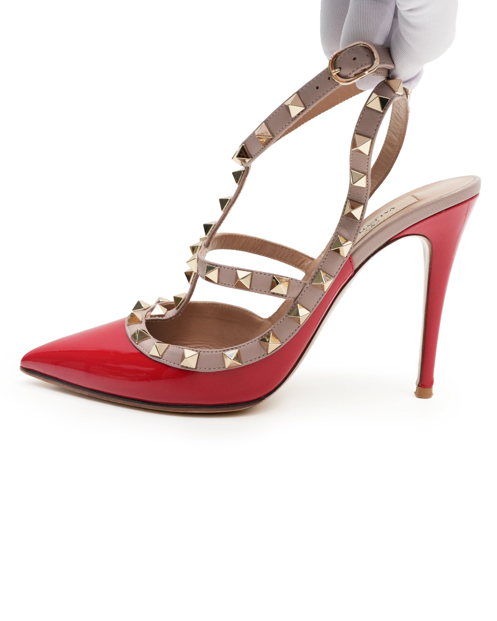 GARAVANI ROCKSTUDS LEATHER & PATENT STRAP LADIES PUMPS RED x BEIGE