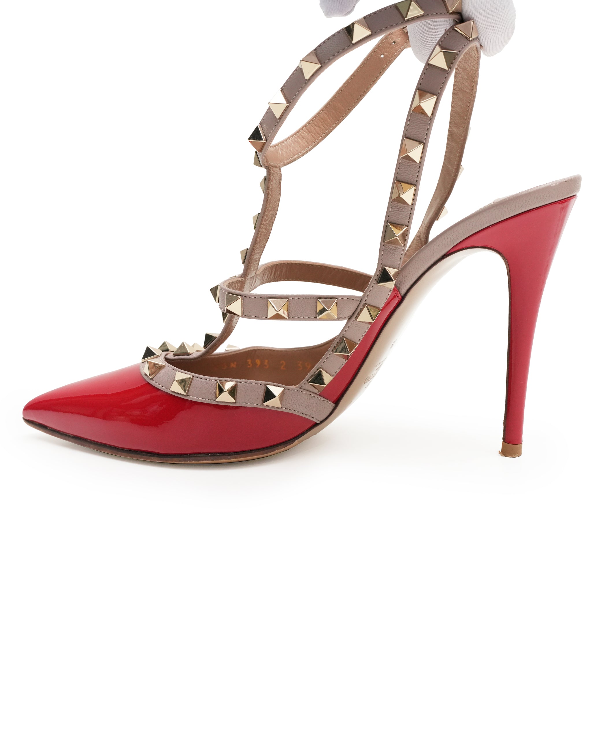 GARAVANI ROCKSTUDS LEATHER & PATENT STRAP LADIES PUMPS RED x BEIGE