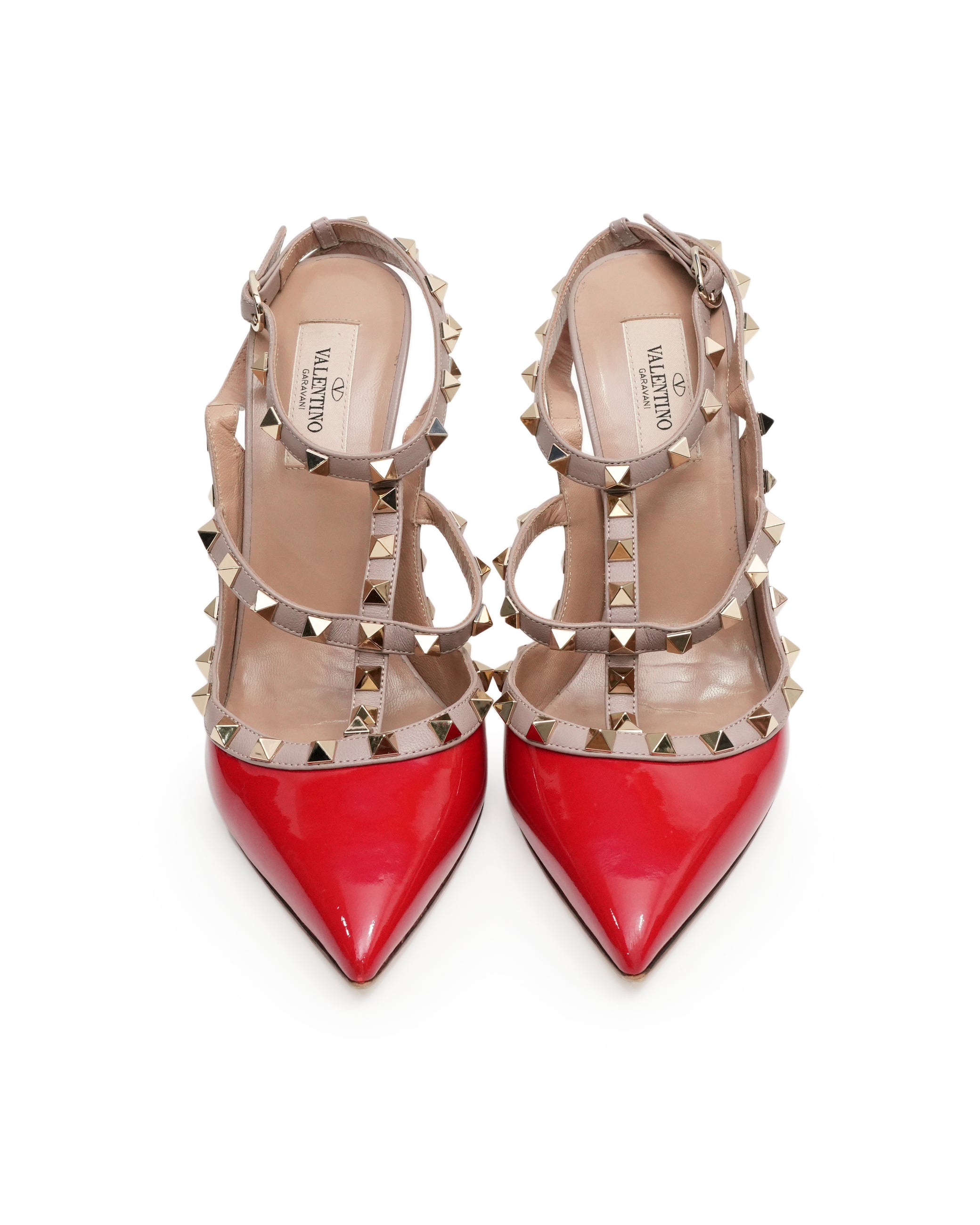 GARAVANI ROCKSTUDS LEATHER & PATENT STRAP LADIES PUMPS RED x BEIGE