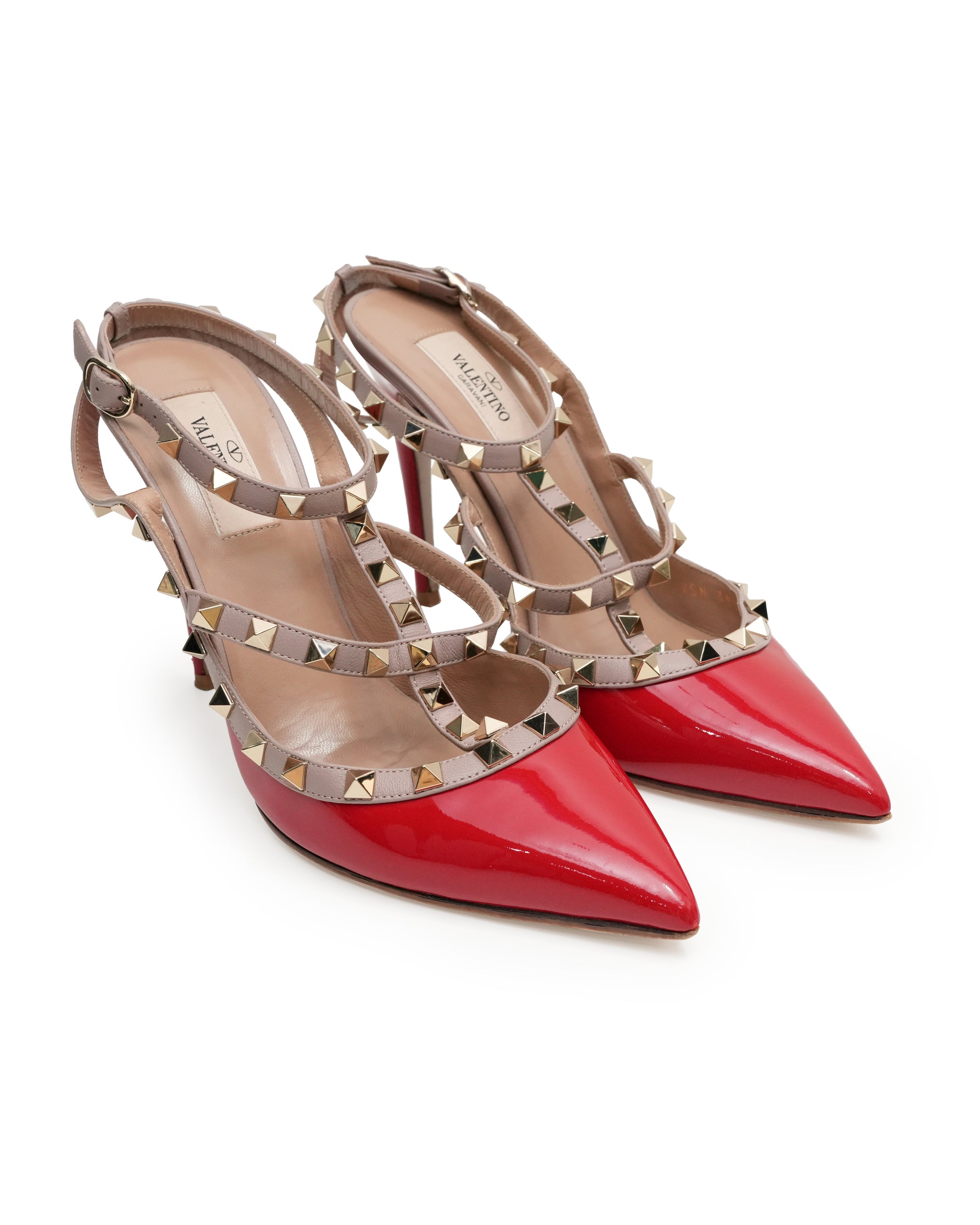 GARAVANI ROCKSTUDS LEATHER & PATENT STRAP LADIES PUMPS RED x BEIGE