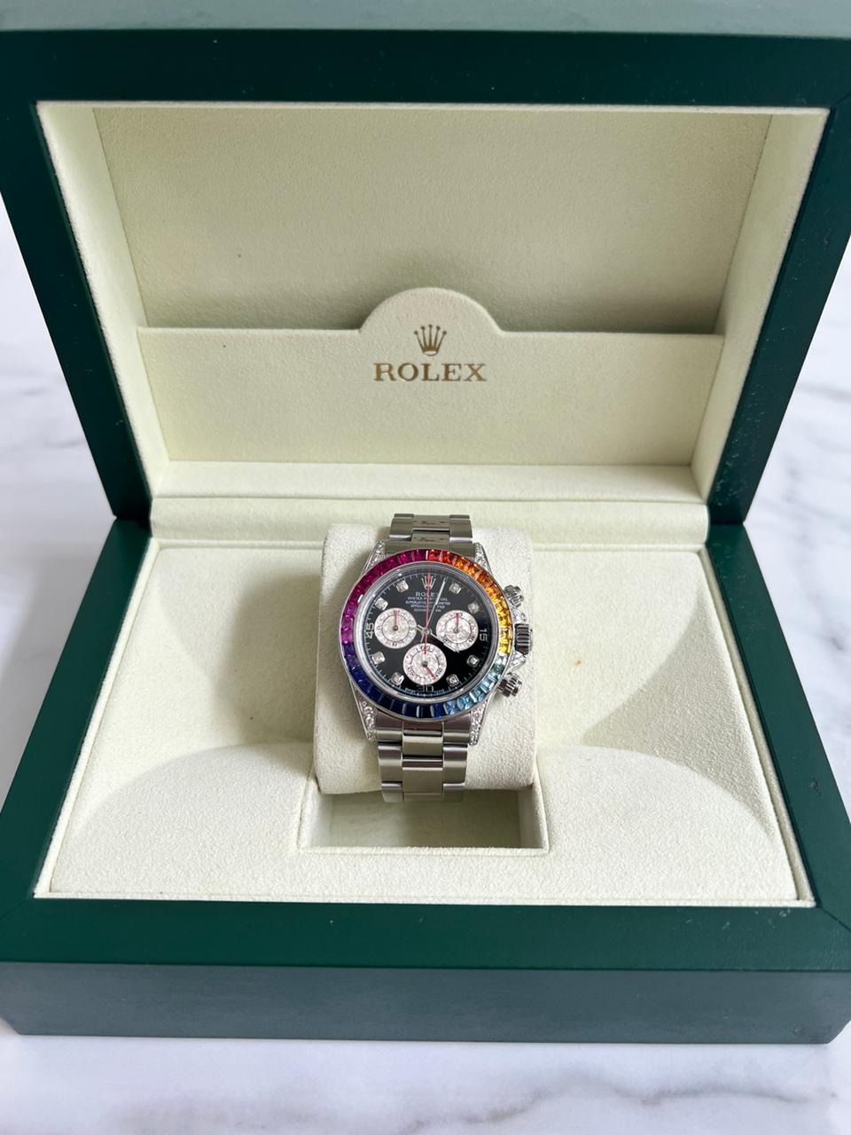 ROLEX DAYTONA 116520 CUSTOM RAINBOW SAPPHIRE BEZEL BLACK DIAMOND