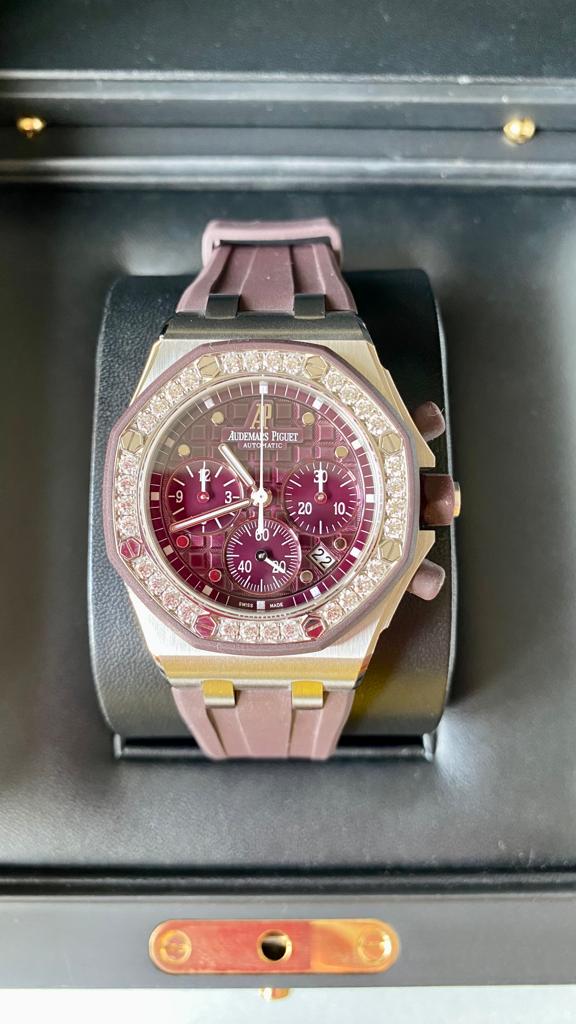 ROYAL OAK OFFSHORE CHRONOGRAPH LADY 37MM PURPLE DIAL DIAMOND BEZEL RUBBER STRAP 2014