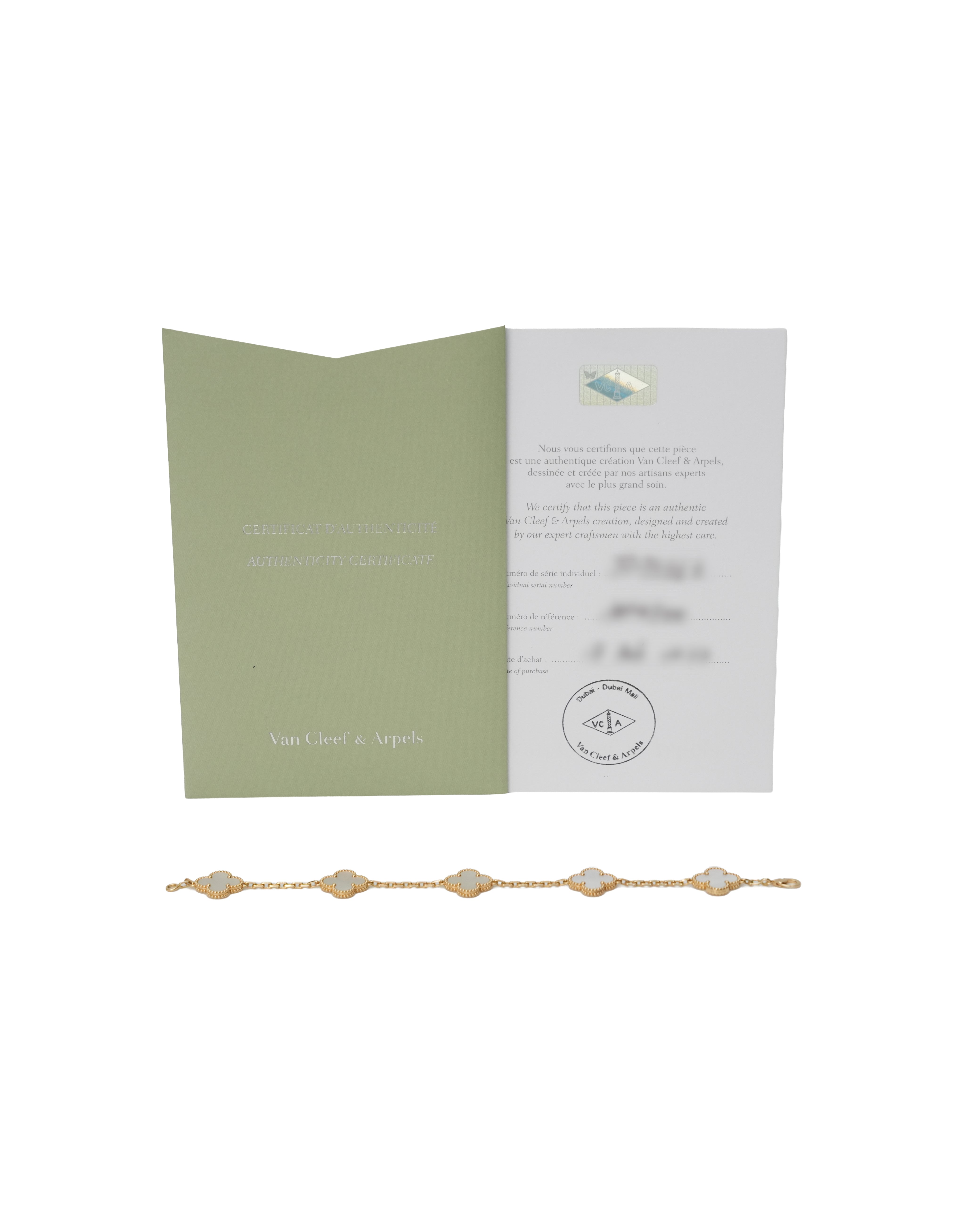 VINTAGE ALHAMBRA 5-MOTIFS YELLOWGOLD MOTHER OF PEARL BRACELET