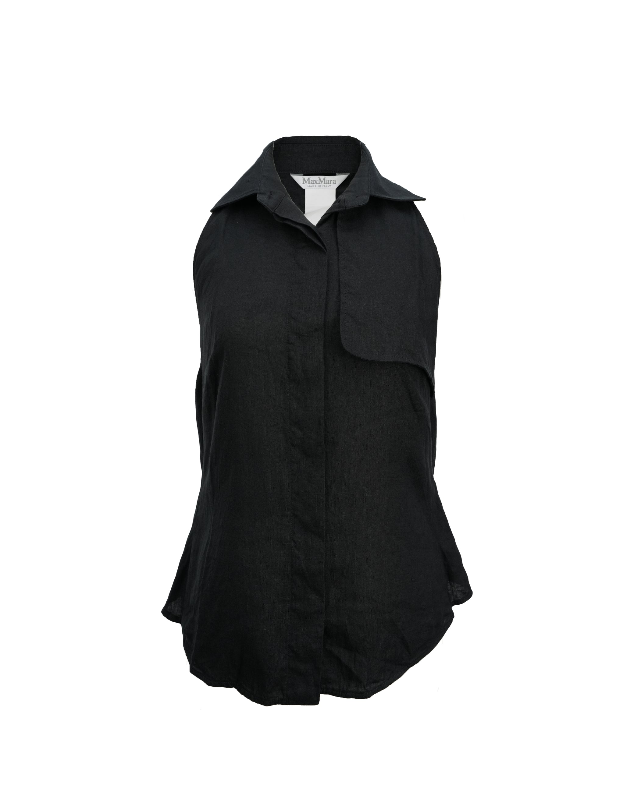 SLEEVELESS COLLARED LINEN BLOUSE BLACK SIZE 44
