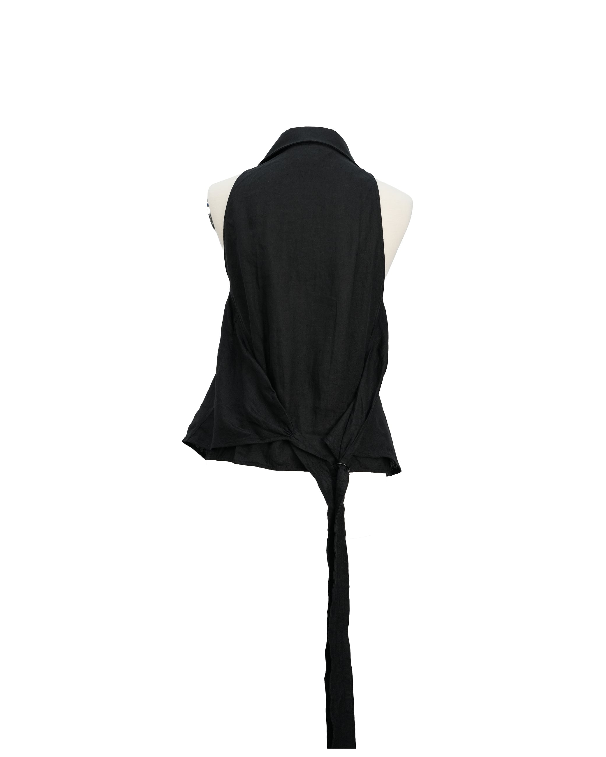 SLEEVELESS COLLARED LINEN BLOUSE BLACK SIZE 44
