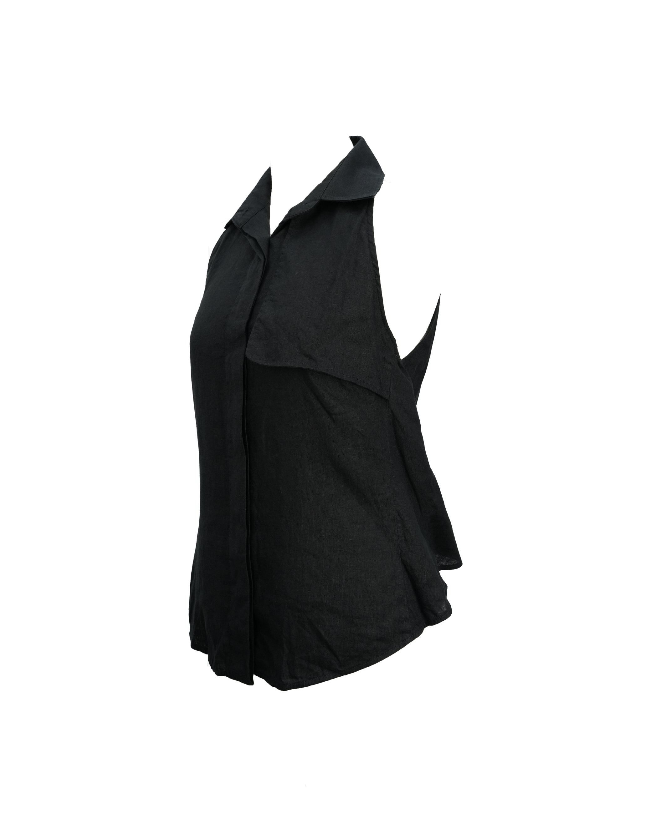 SLEEVELESS COLLARED LINEN BLOUSE BLACK SIZE 44