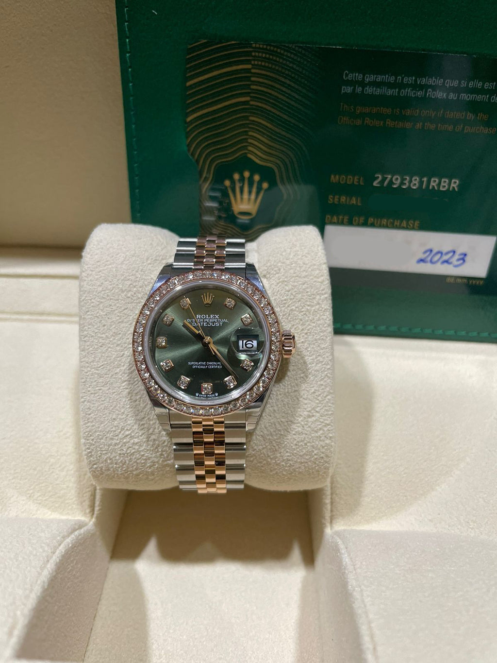 ROLEX DATEJUST 28MM TWOTONE ROSEGOLD GREEN DIAMOND DIAL DIAMOND