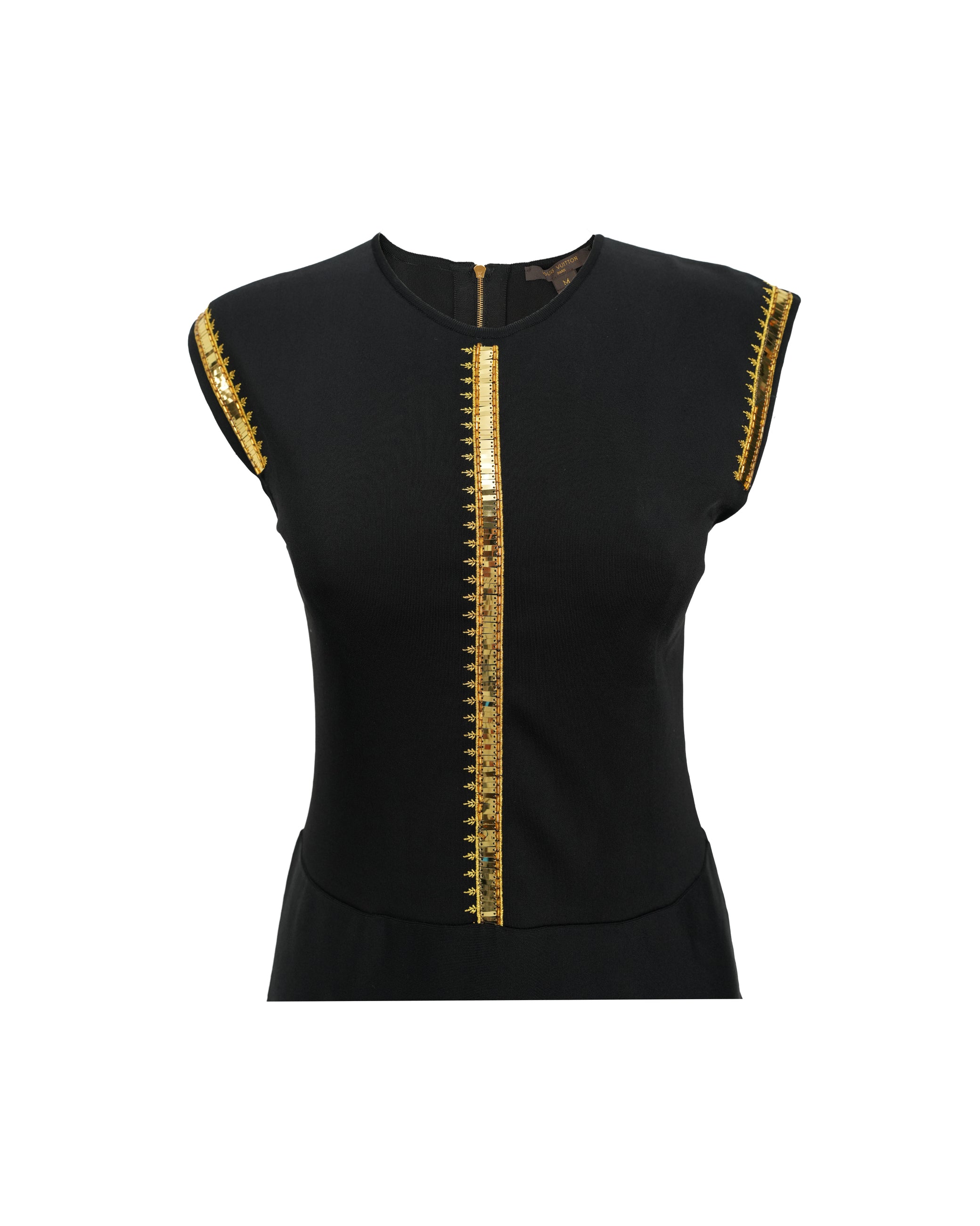 FIT-AND-FLARE BLACK DRESS WITH GOLD DETAILING SIZE M